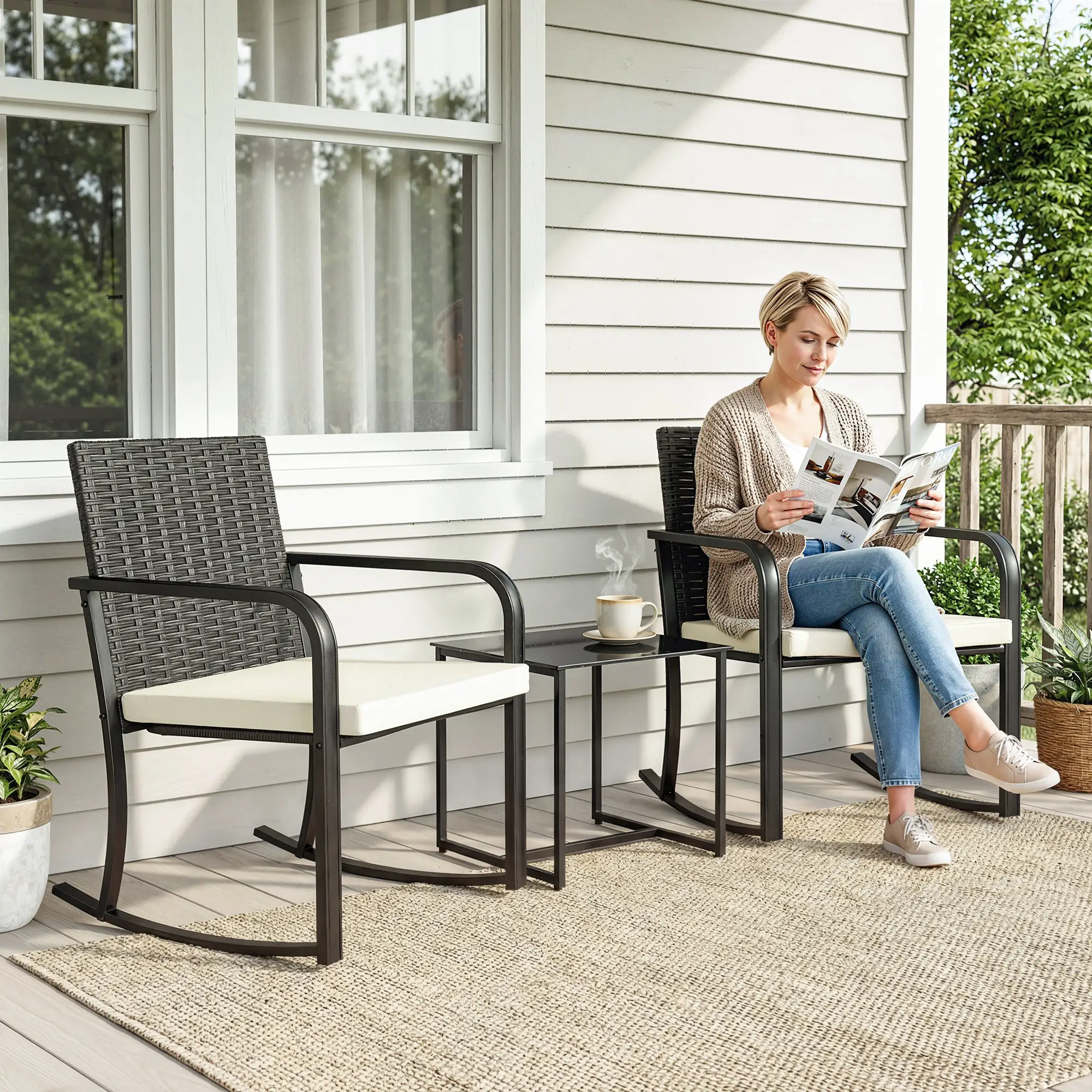 3 Piece Rocking Bistro Set, Glass Coffee Table, Cream White - Image 2