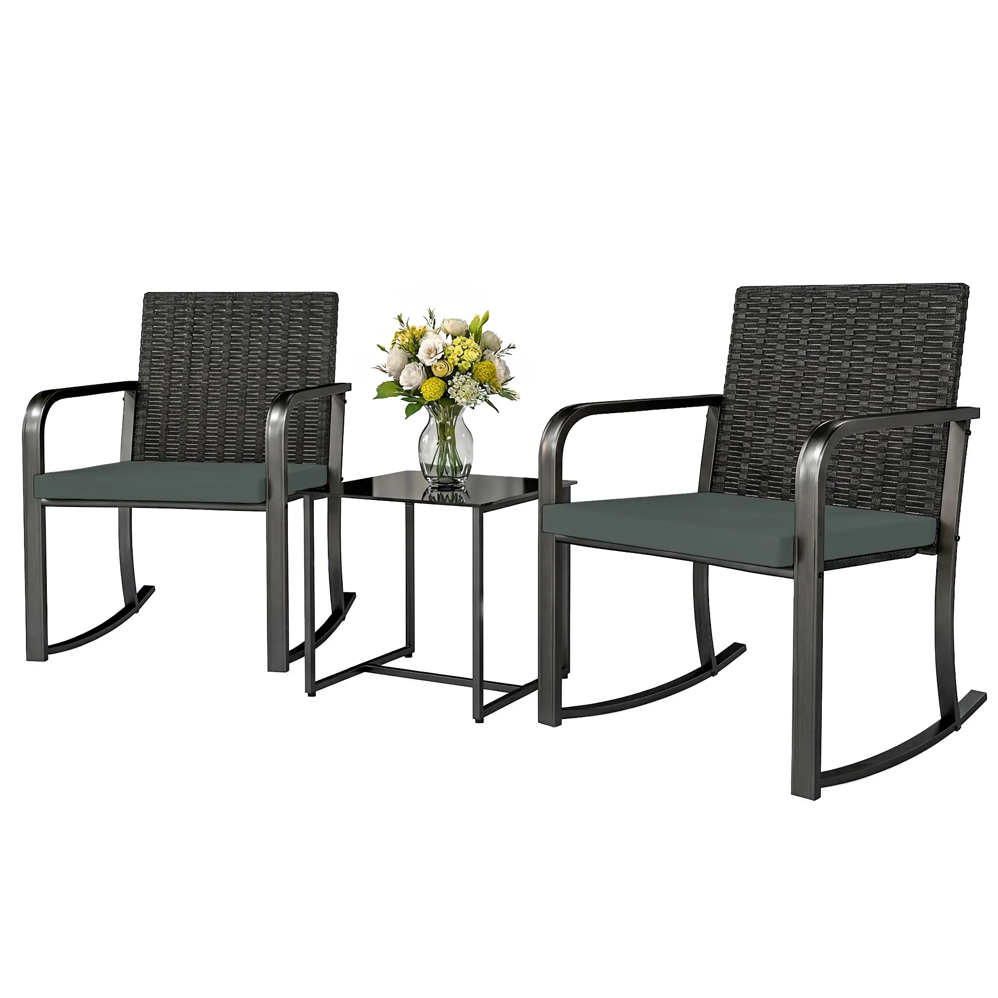 3-Piece Rocking Bistro Set, Outdoor Patio Furniture, Grey