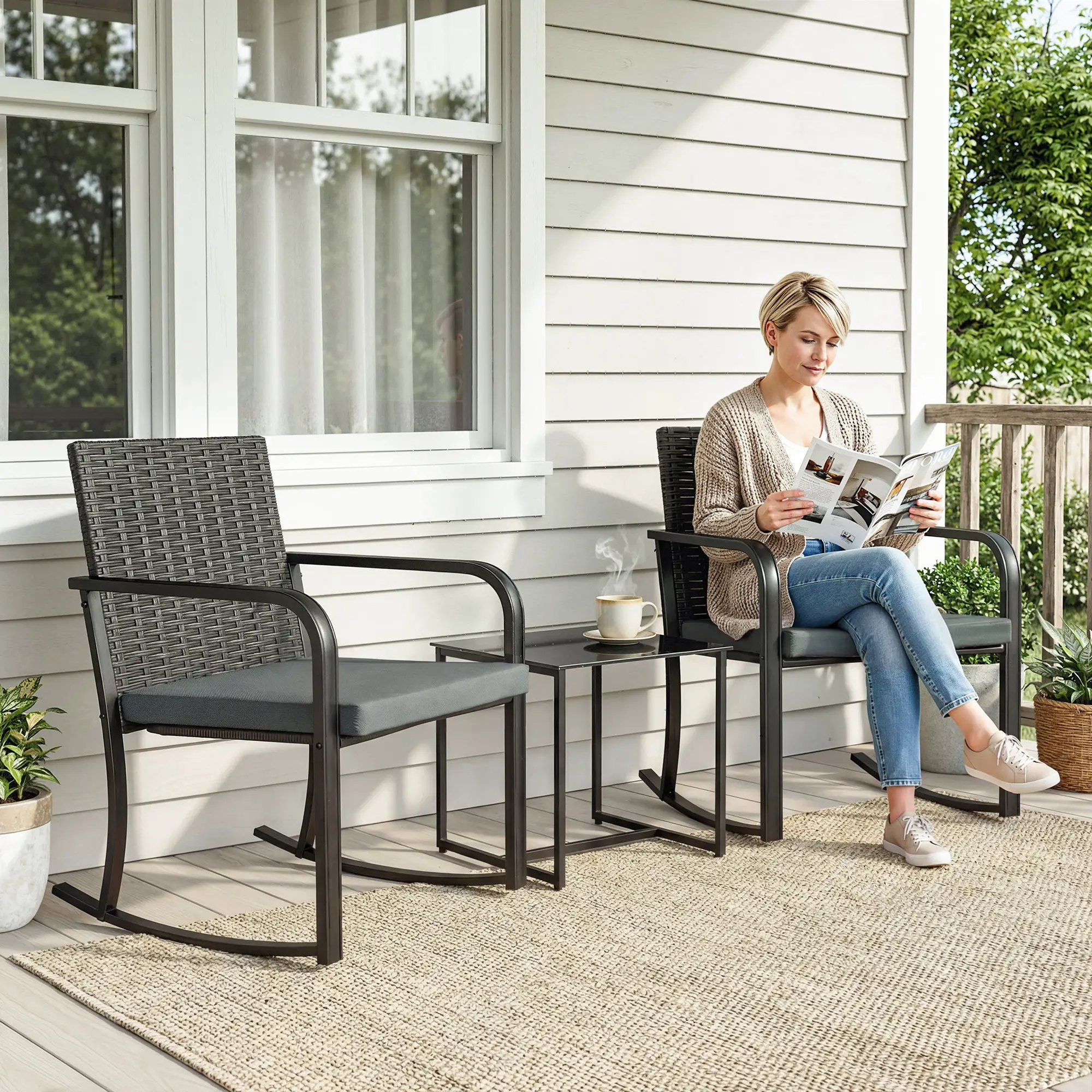 3-Piece Rocking Bistro Set, Outdoor Patio Furniture, Grey - Image 2