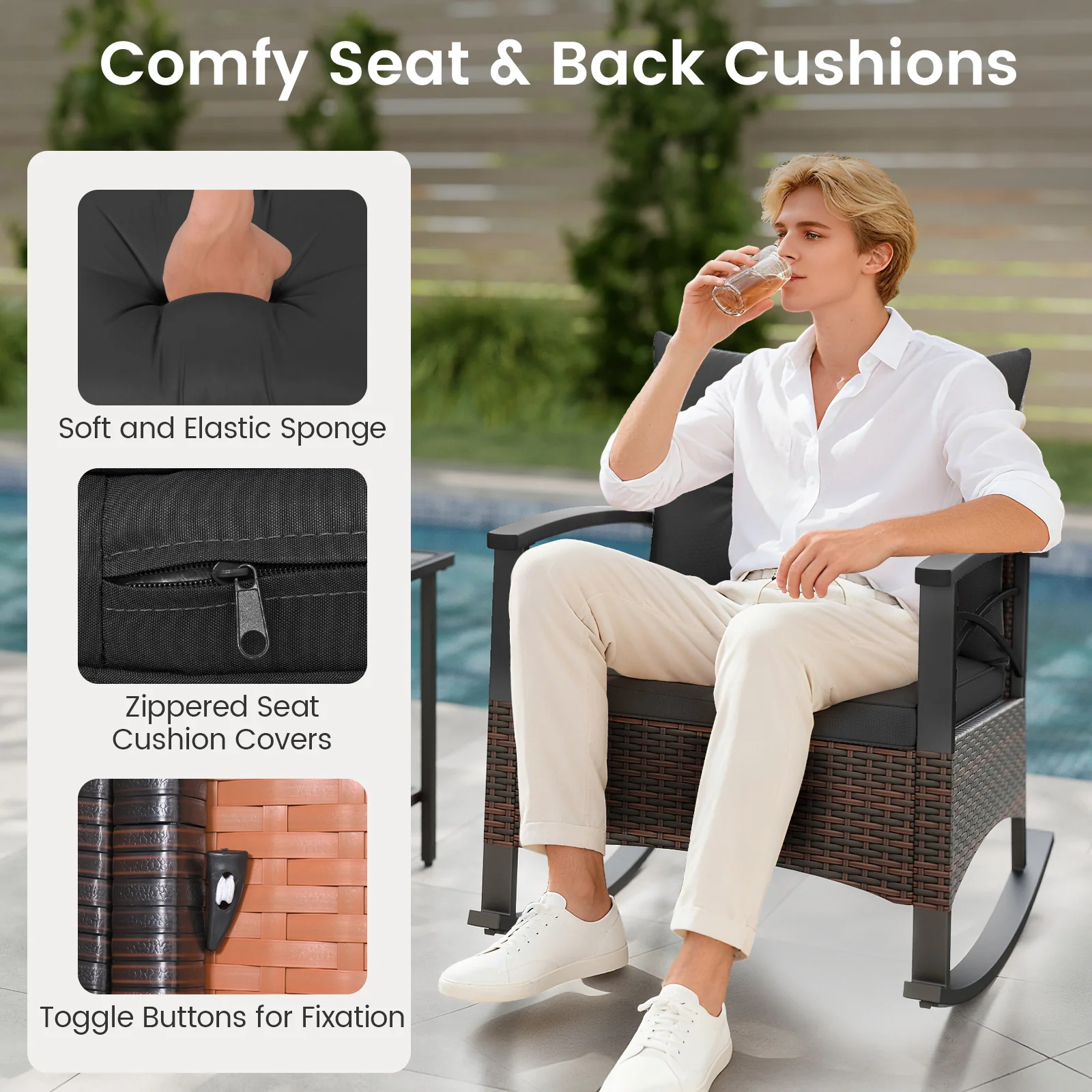 3 Piece Rocking Bistro Set PE Rattan Rocker Chairs with Acacia Wood Top Table, Black - Image 10