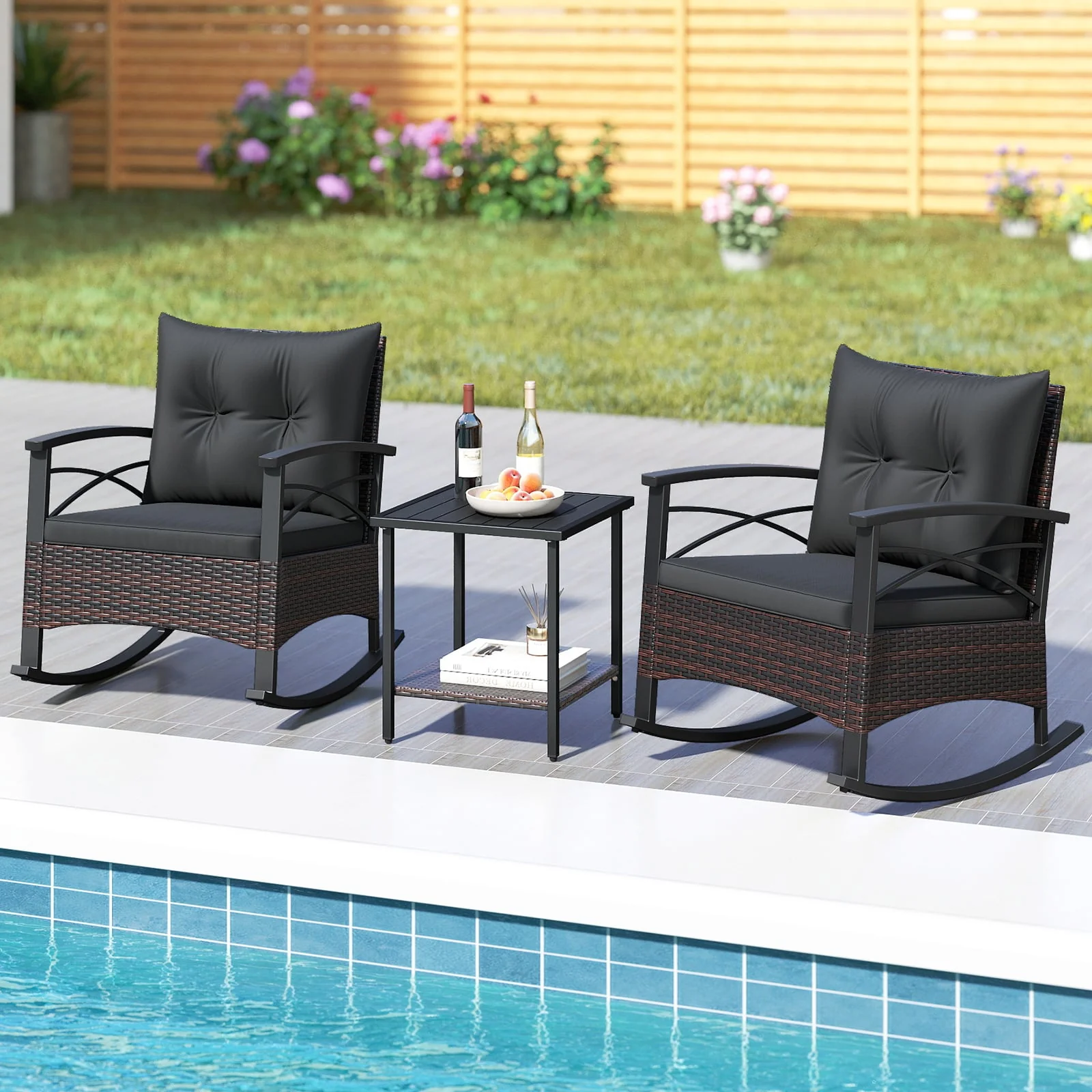 3 Piece Rocking Bistro Set PE Rattan Rocker Chairs with Acacia Wood Top Table, Black - Image 2