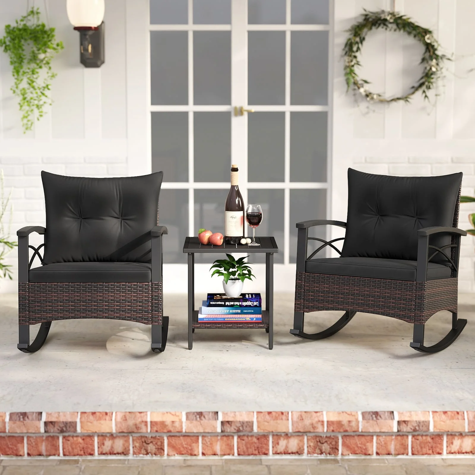 3 Piece Rocking Bistro Set PE Rattan Rocker Chairs with Acacia Wood Top Table, Black - Image 3