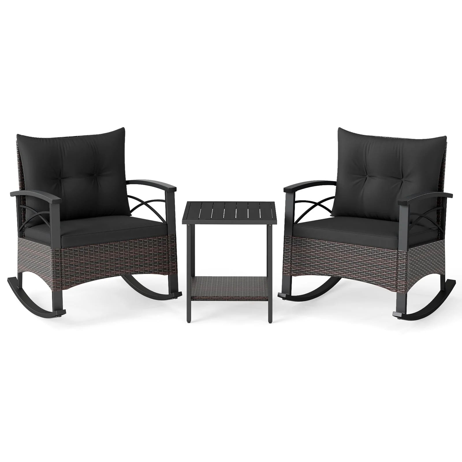 3 Piece Rocking Bistro Set PE Rattan Rocker Chairs with Acacia Wood Top Table, Black - Image 4