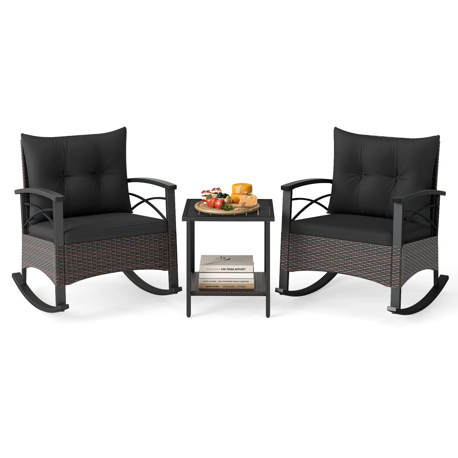 3 Piece Rocking Bistro Set PE Rattan Rocker Chairs with Acacia Wood Top Table, Black - Image 5