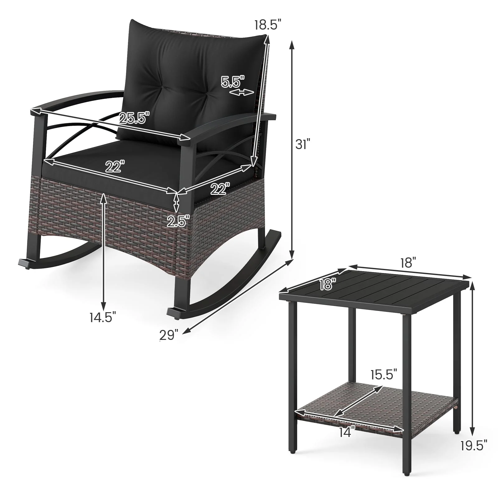 3 Piece Rocking Bistro Set PE Rattan Rocker Chairs with Acacia Wood Top Table, Black - Image 6