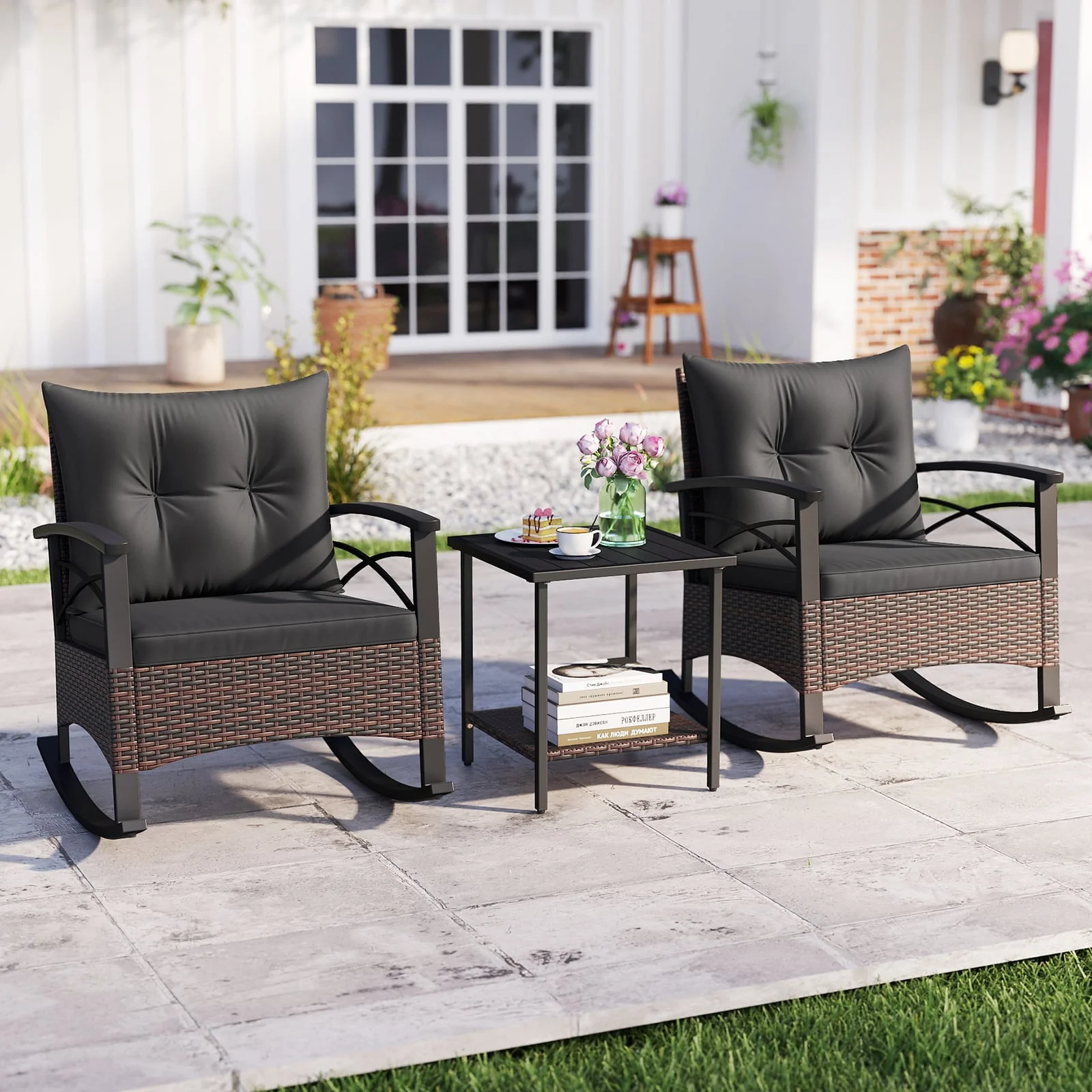 3 Piece Rocking Bistro Set PE Rattan Rocker Chairs with Acacia Wood Top Table, Black - Image 7