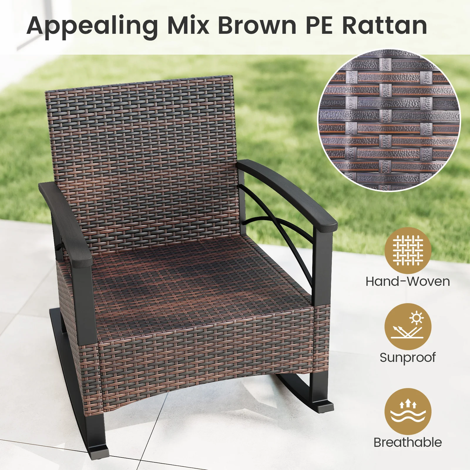 3 Piece Rocking Bistro Set PE Rattan Rocker Chairs with Acacia Wood Top Table, Black - Image 8