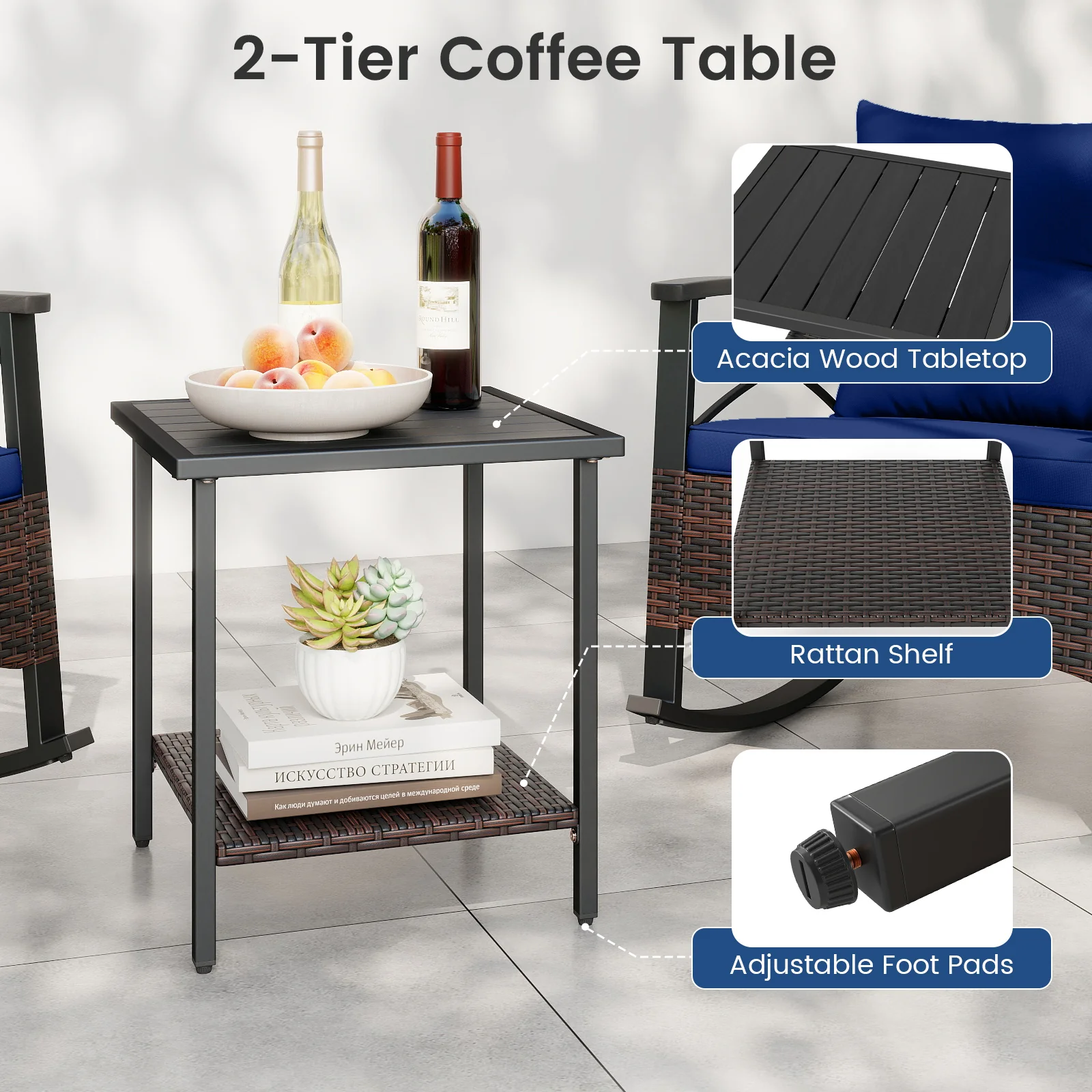 3 Piece Rocking Bistro Set PE Rattan Rocker Chairs with Acacia Wood Top Table, Navy - Image 10