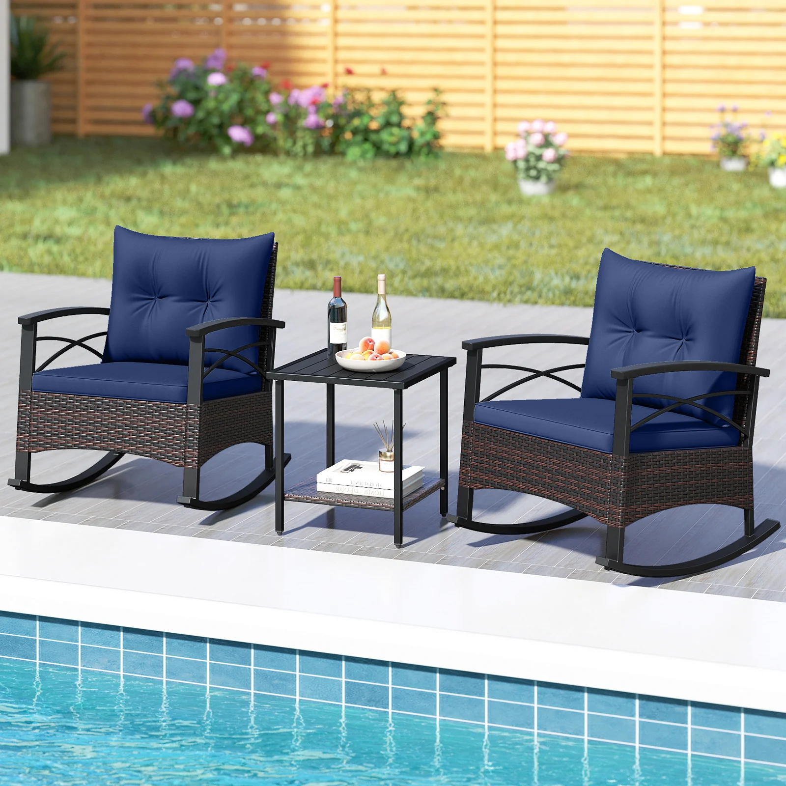 3 Piece Rocking Bistro Set PE Rattan Rocker Chairs with Acacia Wood Top Table, Navy - Image 2