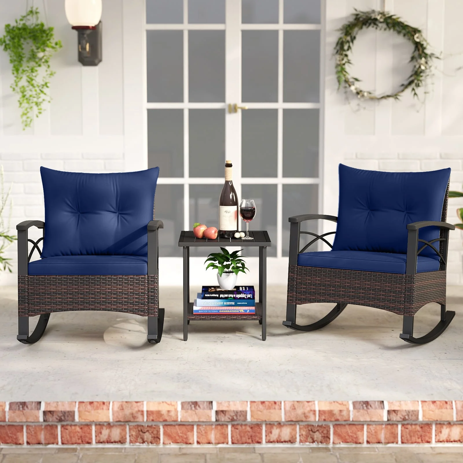 3 Piece Rocking Bistro Set PE Rattan Rocker Chairs with Acacia Wood Top Table, Navy - Image 3