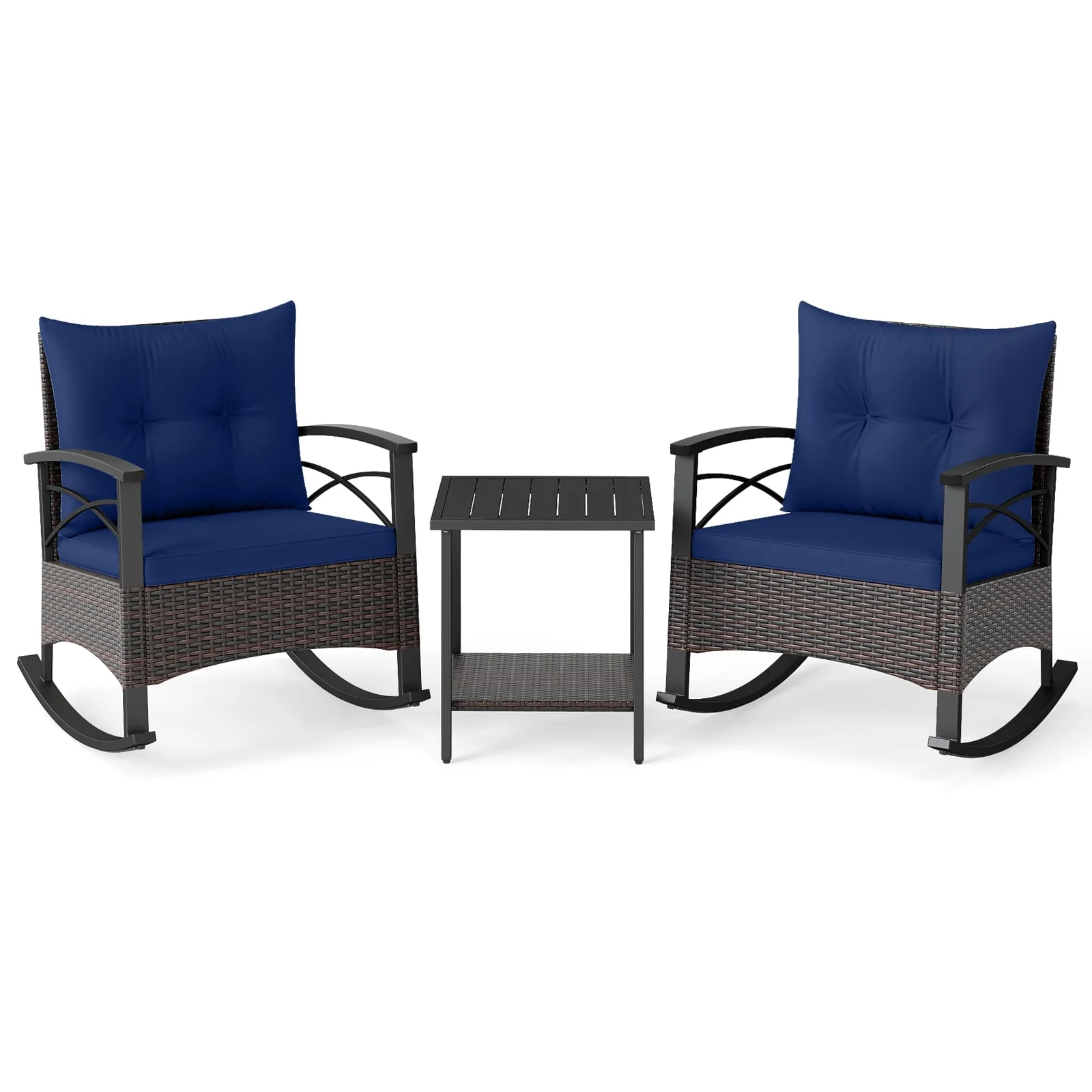 3 Piece Rocking Bistro Set PE Rattan Rocker Chairs with Acacia Wood Top Table, Navy - Image 4