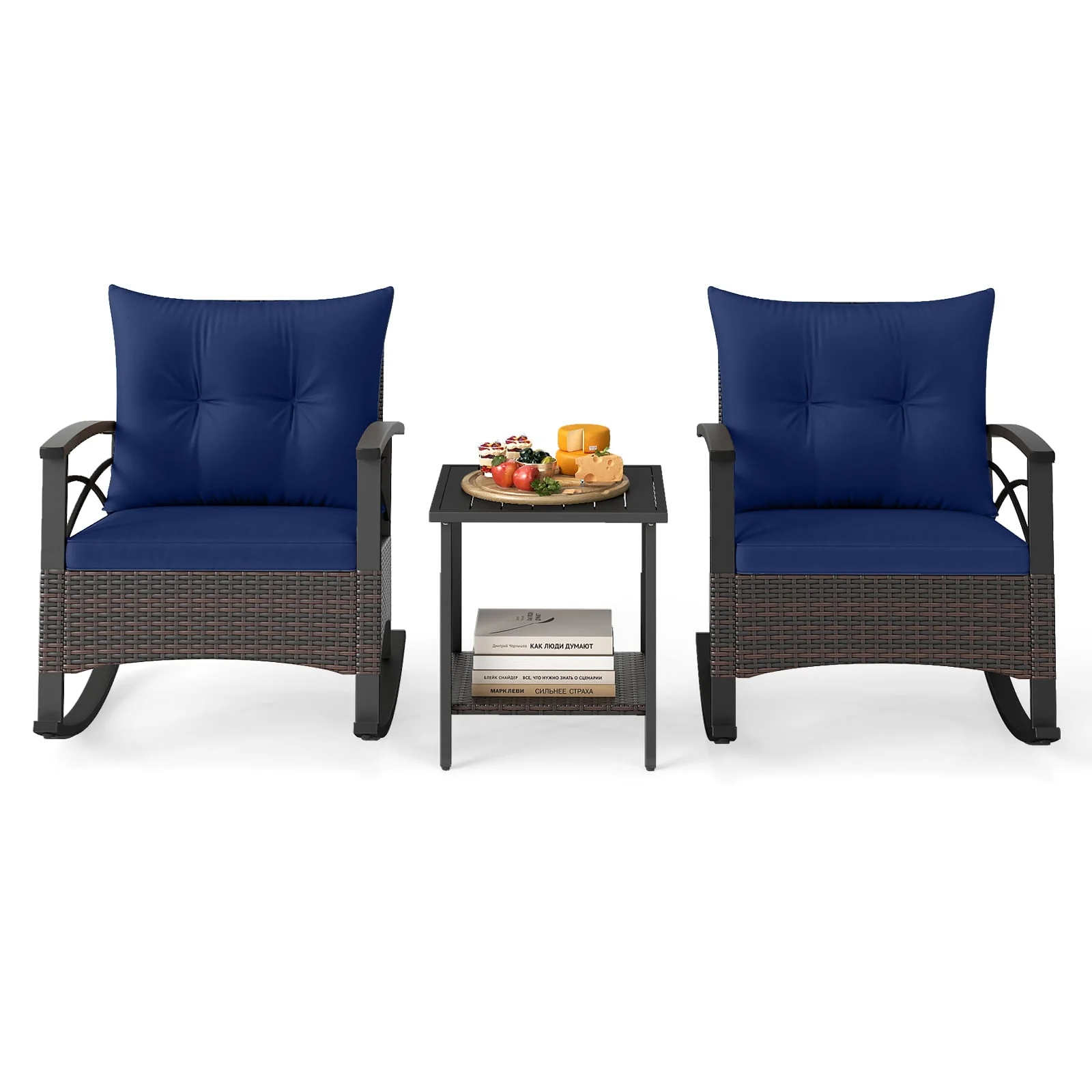 3 Piece Rocking Bistro Set PE Rattan Rocker Chairs with Acacia Wood Top Table, Navy - Image 5
