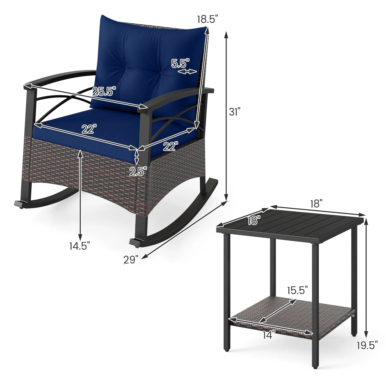 3 Piece Rocking Bistro Set PE Rattan Rocker Chairs with Acacia Wood Top Table, Navy - Image 6