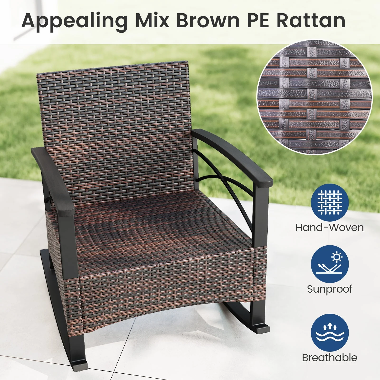 3 Piece Rocking Bistro Set PE Rattan Rocker Chairs with Acacia Wood Top Table, Navy - Image 7