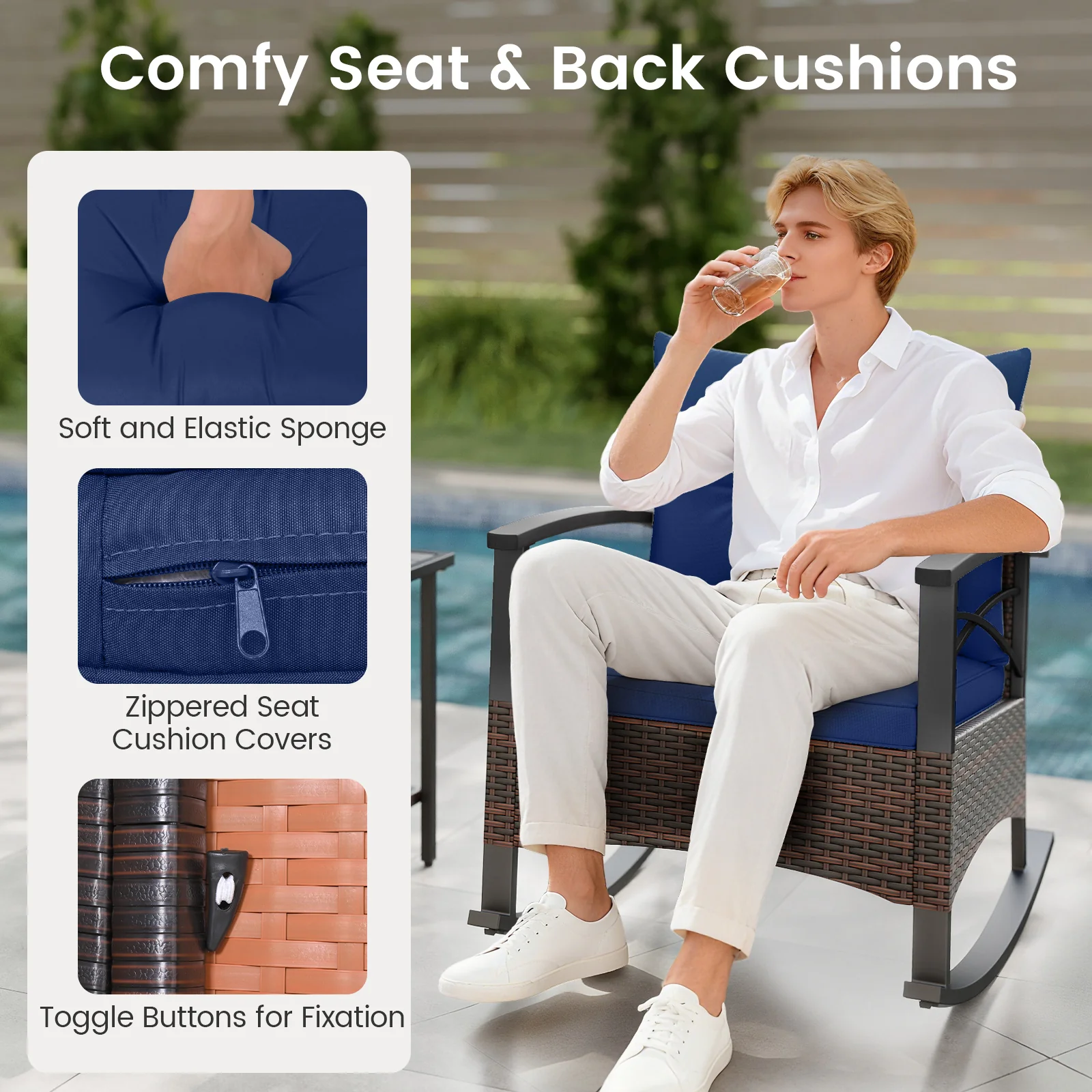 3 Piece Rocking Bistro Set PE Rattan Rocker Chairs with Acacia Wood Top Table, Navy - Image 9