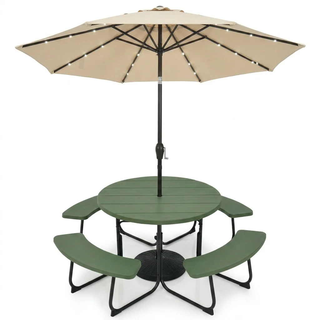 3-Piece Round Picnic Set with 10FT Solar LED Umbrella, Base