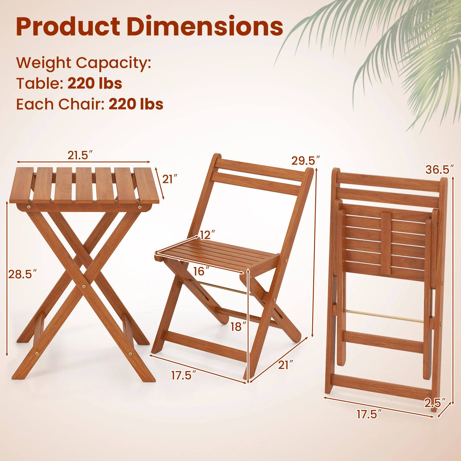 3 Piece Solid Wood Furniture Set, 2 Folding Chairs - Image 6