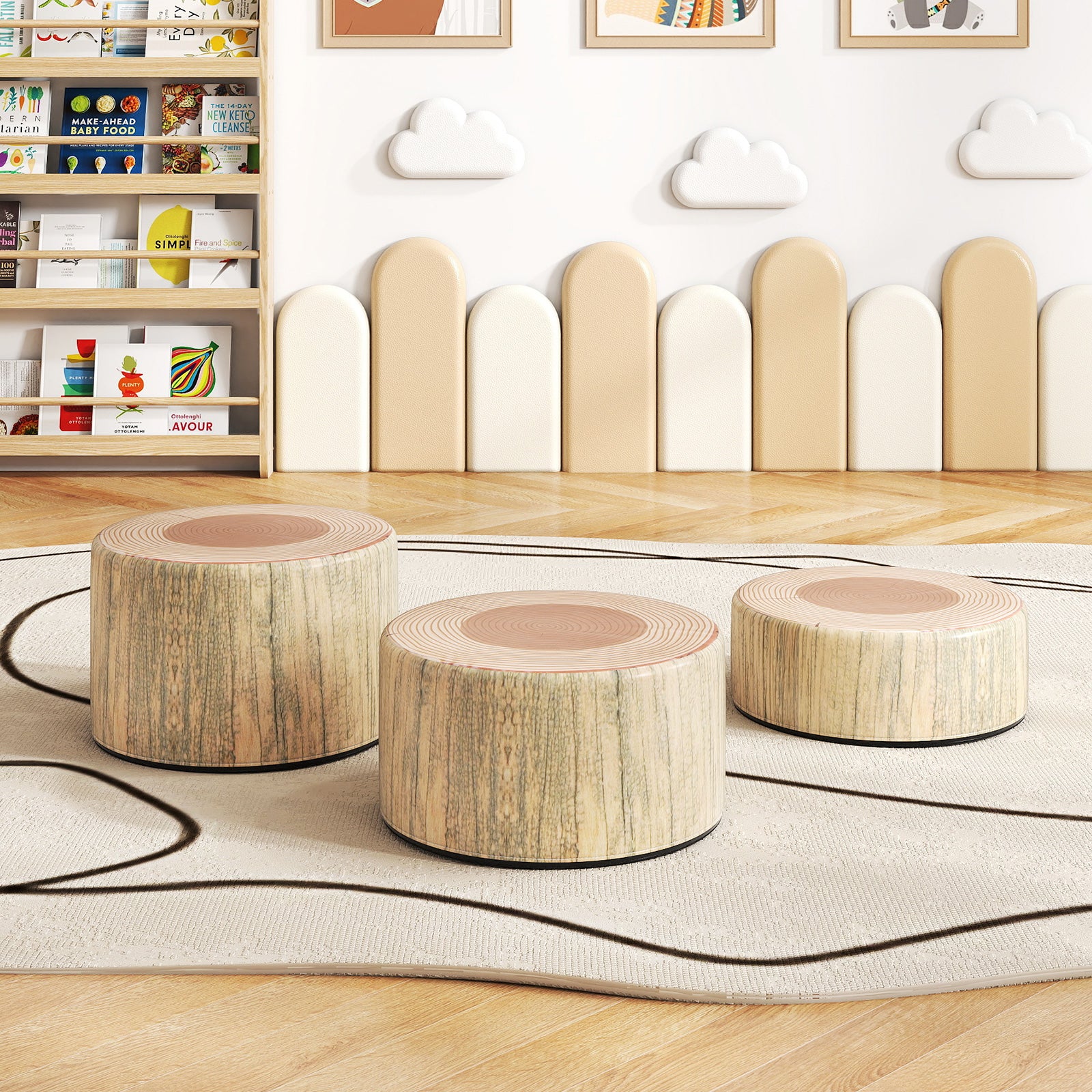 3-Piece Tree Stump Stool Set, Wood Printing, Natural - Image 3