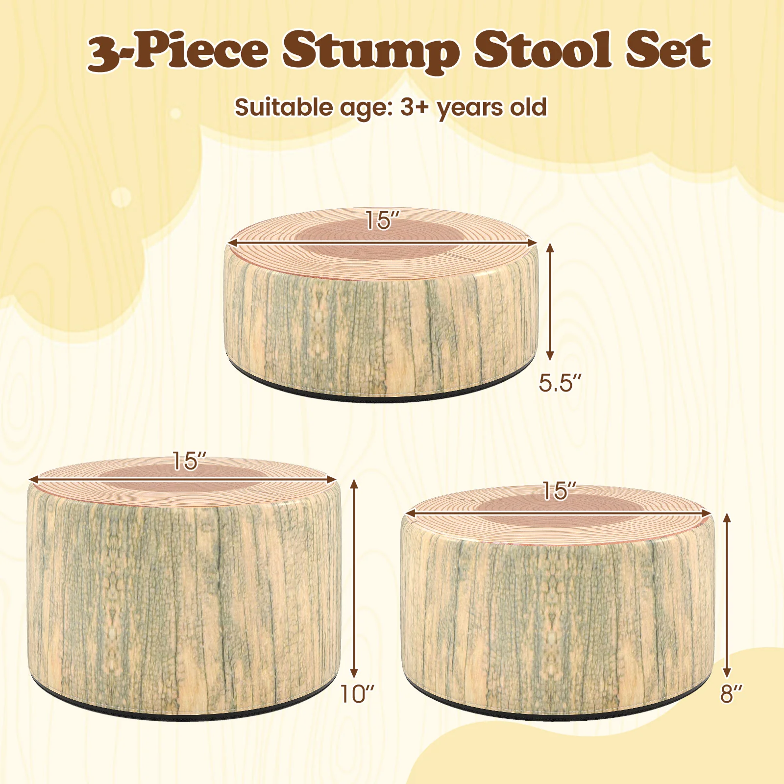 3-Piece Tree Stump Stool Set, Wood Printing, Natural - Image 5