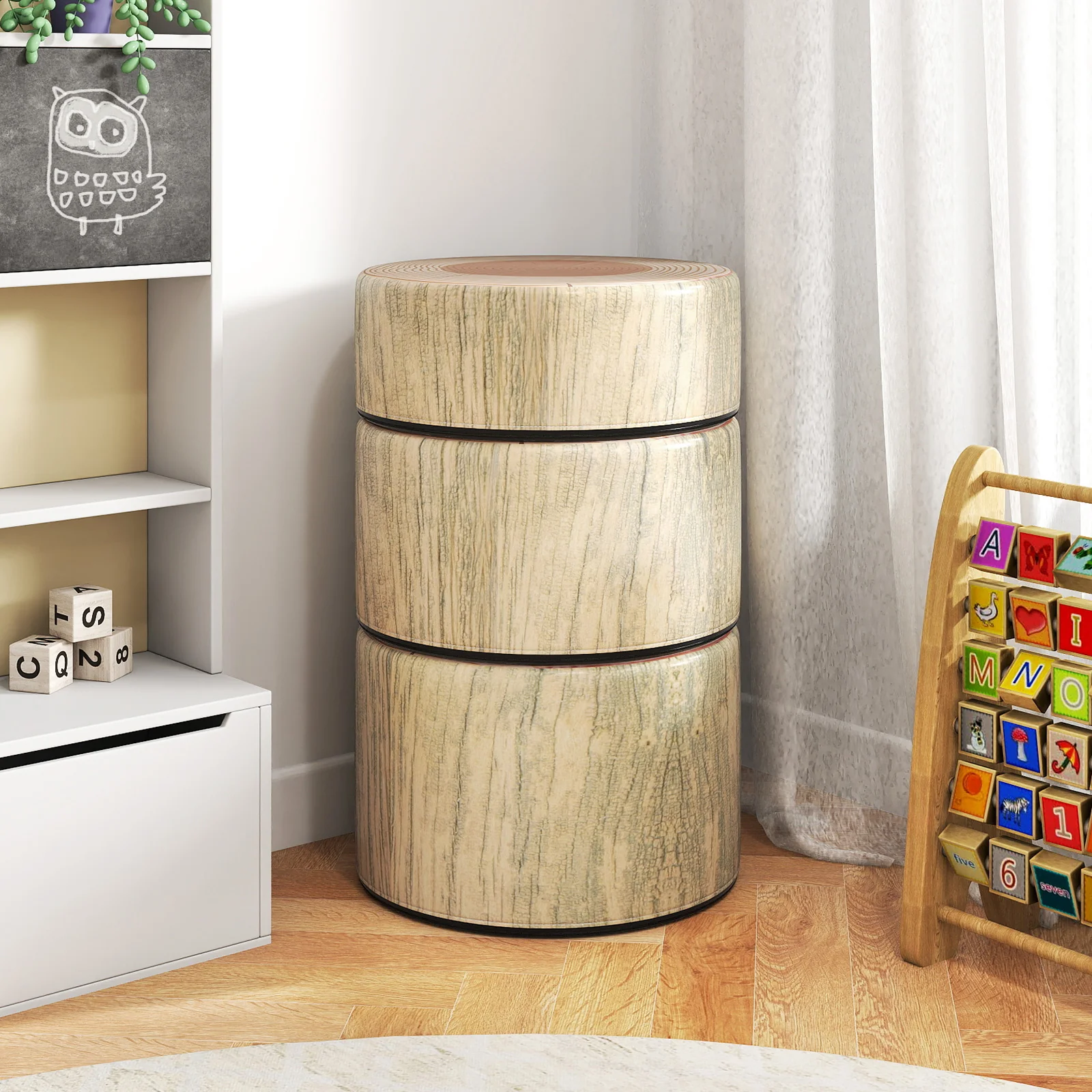 3-Piece Tree Stump Stool Set, Wood Printing, Natural - Image 6