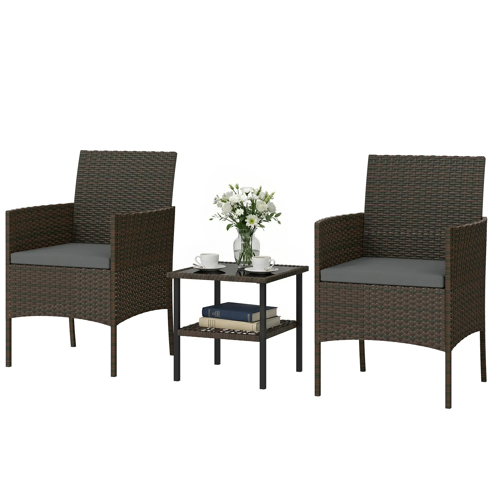 3 Piece Wicker Bistro Set, 2-Tier Glass Top Table, Dark Grey