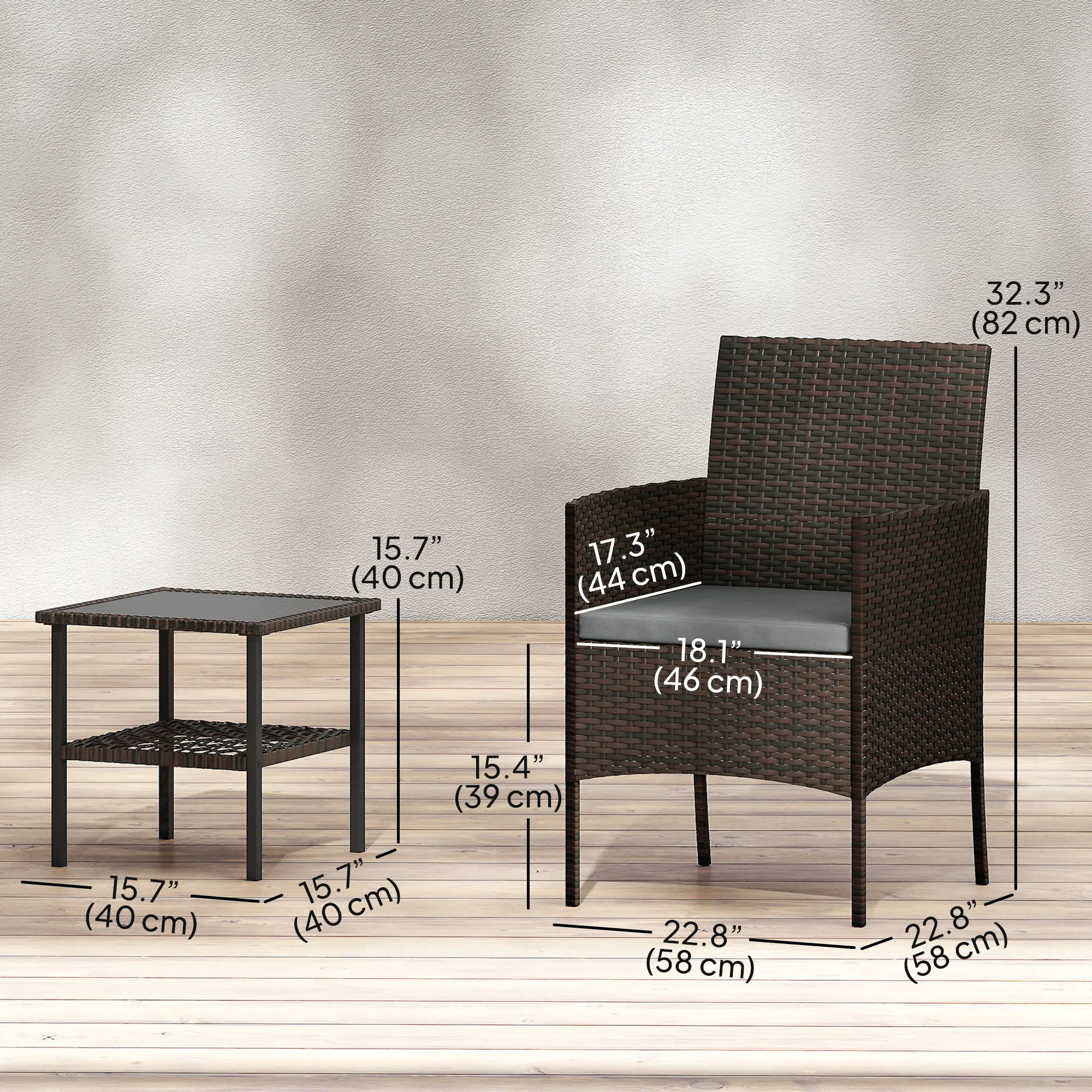 3 Piece Wicker Bistro Set, 2-Tier Glass Top Table, Dark Grey - Image 3