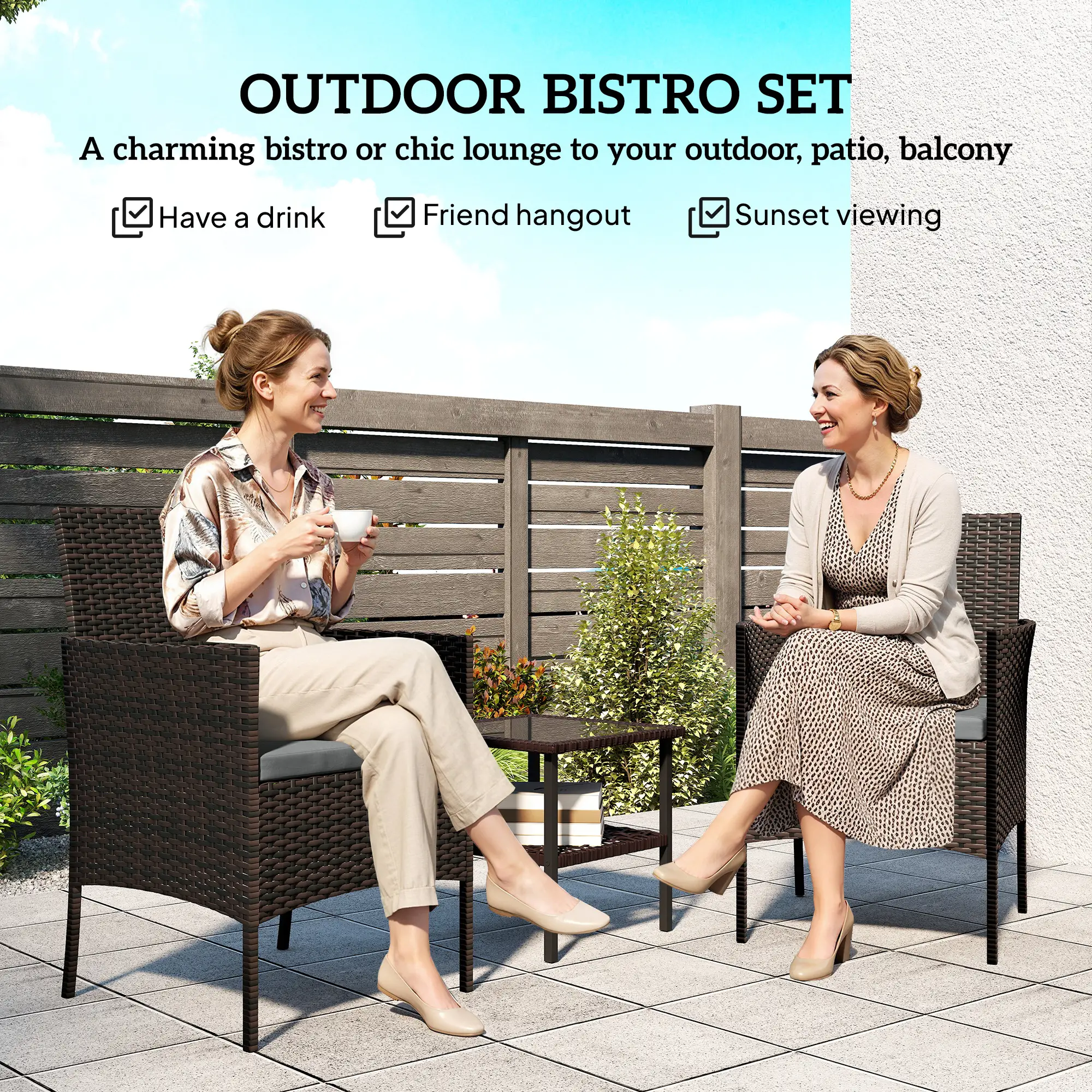 3 Piece Wicker Bistro Set, 2-Tier Glass Top Table, Dark Grey - Image 4