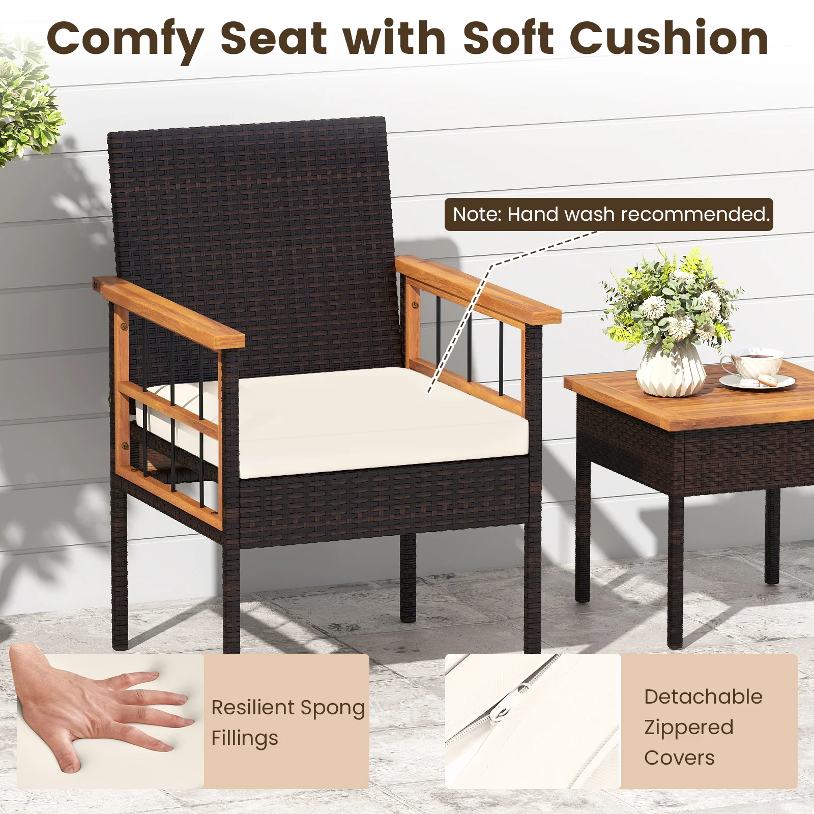 3 Piece Wicker Furniture Set, Acacia Wood Tabletop, White - Image 10