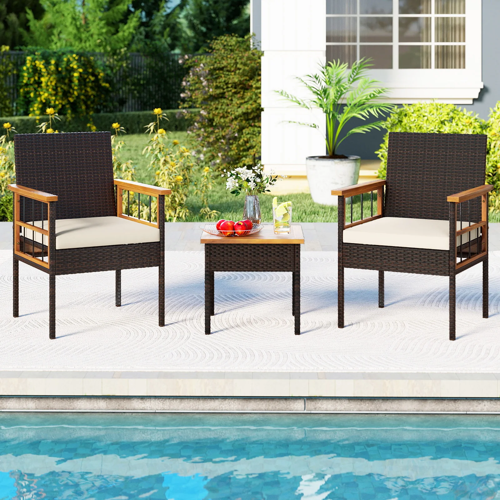 3 Piece Wicker Furniture Set, Acacia Wood Tabletop, White - Image 2