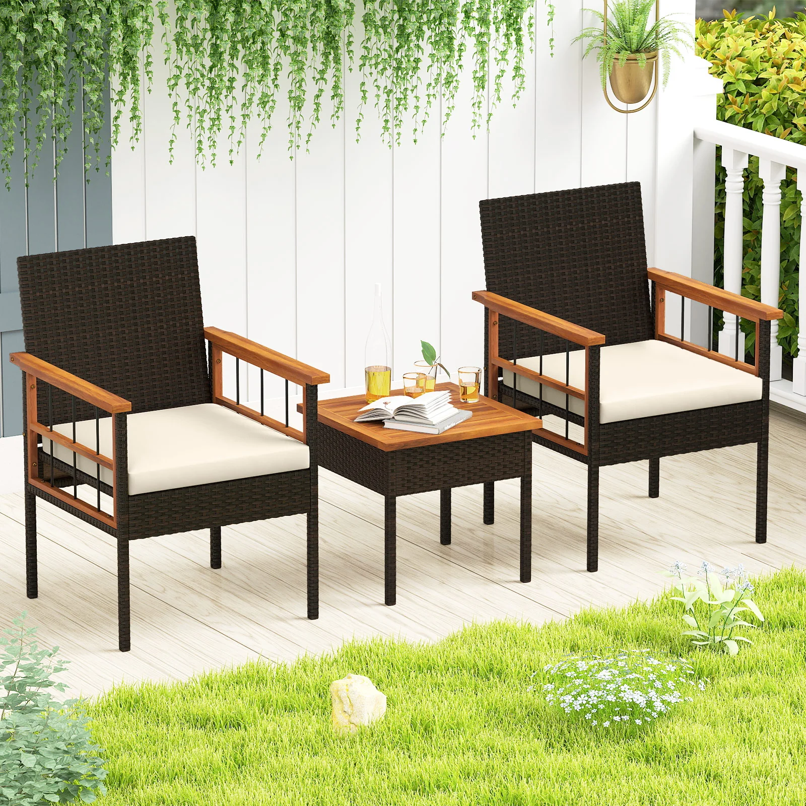 3 Piece Wicker Furniture Set, Acacia Wood Tabletop, White - Image 3