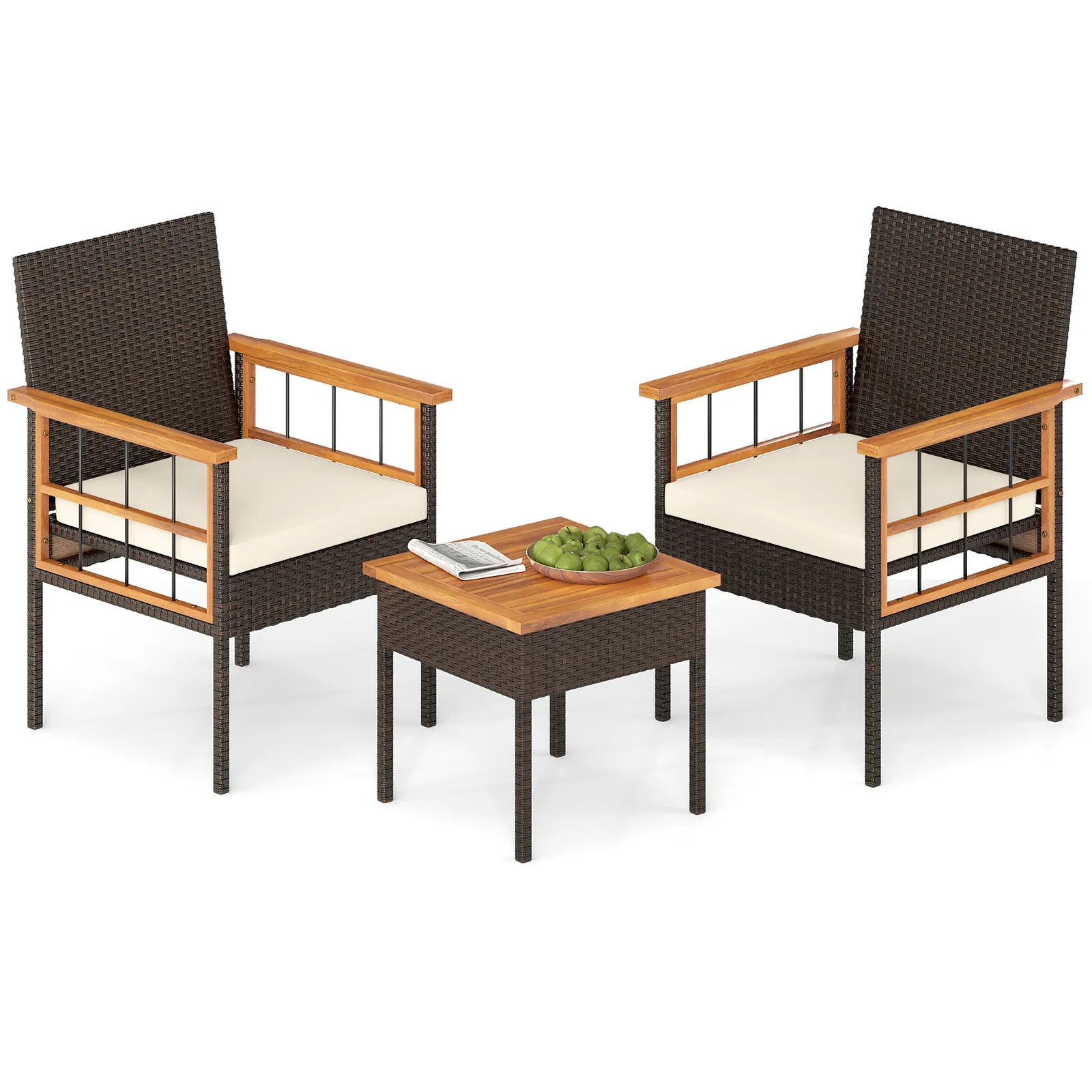 3 Piece Wicker Furniture Set, Acacia Wood Tabletop, White - Image 4