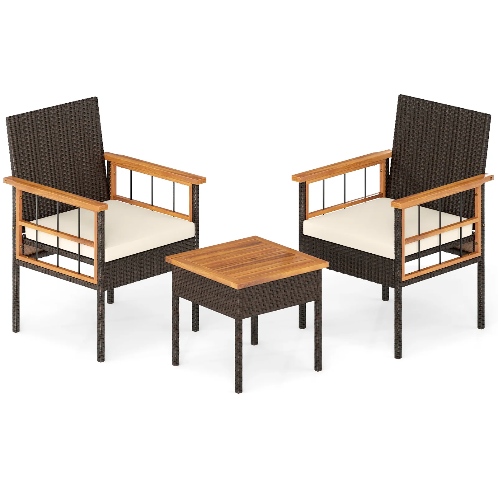 3 Piece Wicker Furniture Set, Acacia Wood Tabletop, White - Image 5