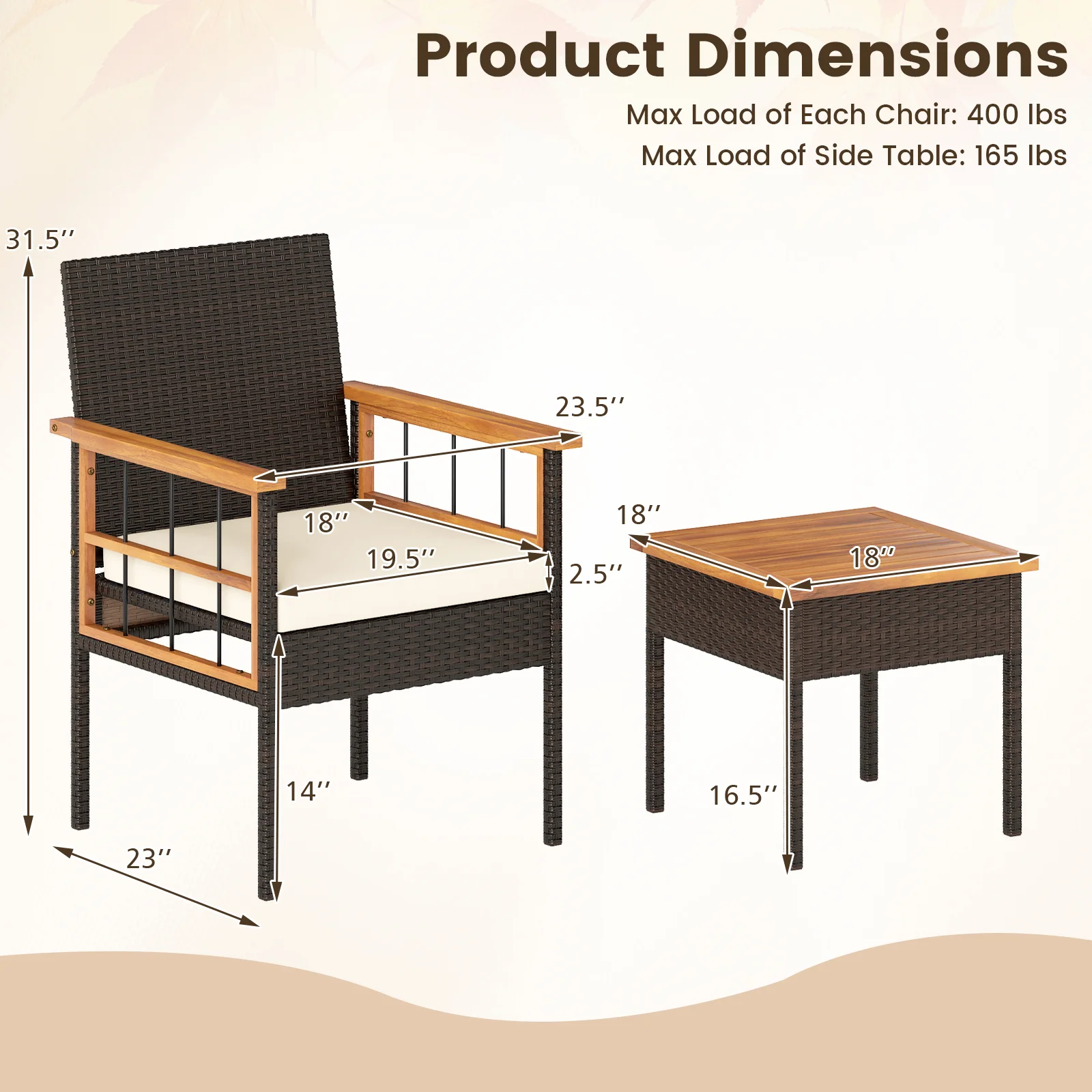 3 Piece Wicker Furniture Set, Acacia Wood Tabletop, White - Image 6