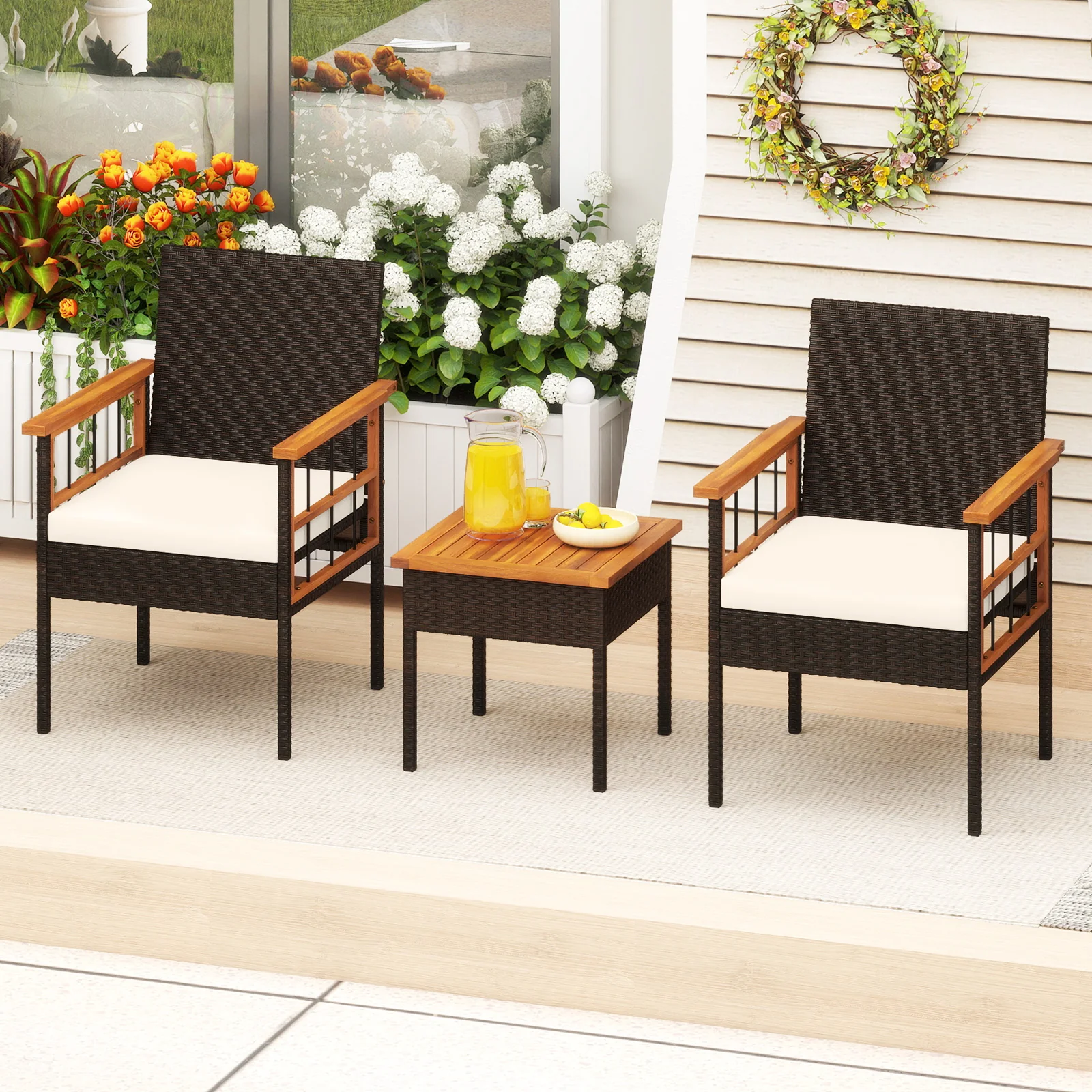 3 Piece Wicker Furniture Set, Acacia Wood Tabletop, White - Image 7