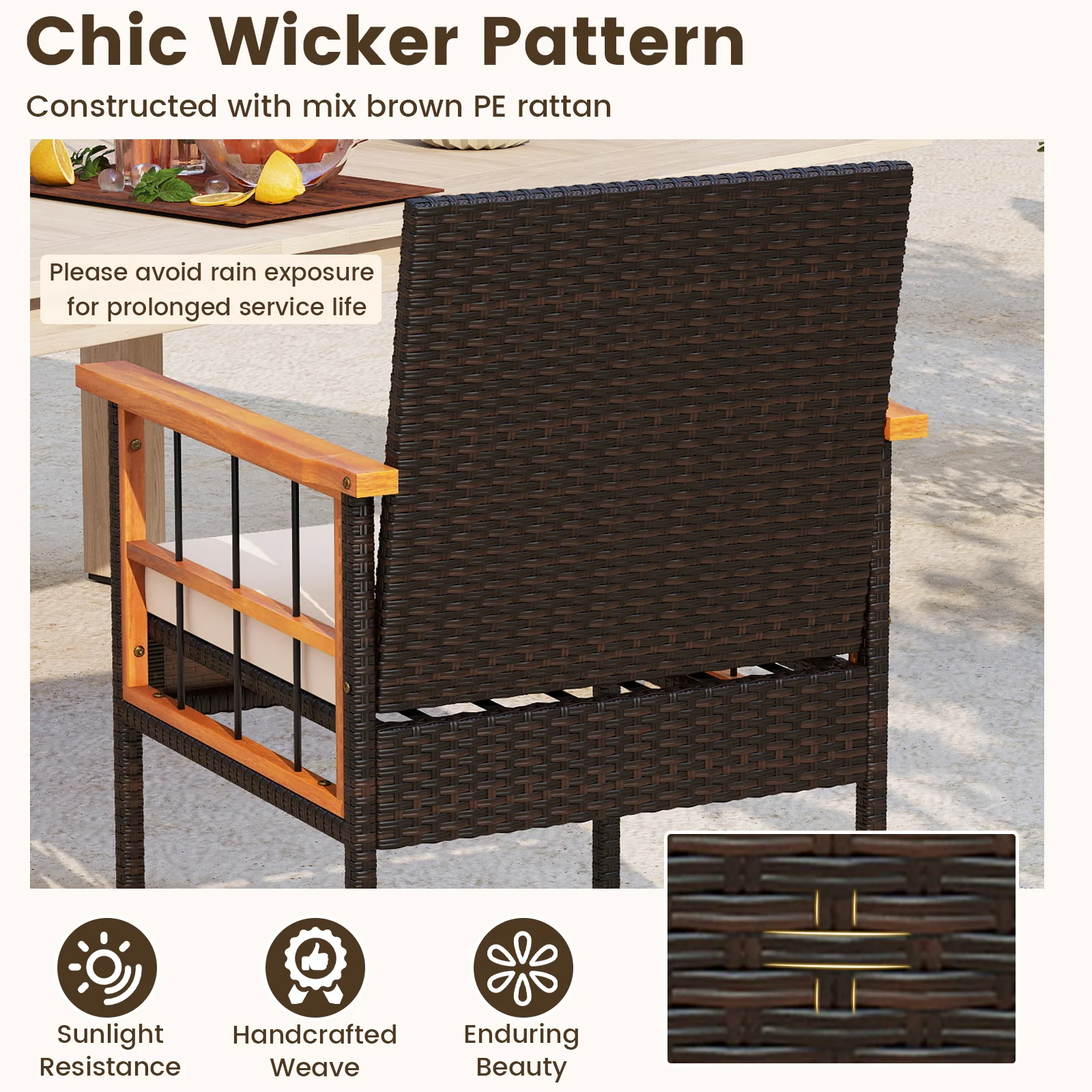 3 Piece Wicker Furniture Set, Acacia Wood Tabletop, White - Image 8