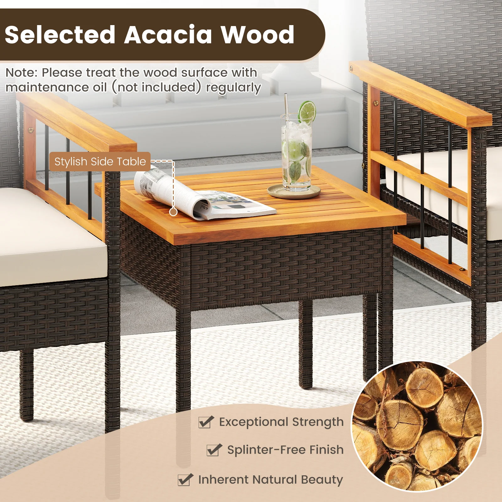 3 Piece Wicker Furniture Set, Acacia Wood Tabletop, White - Image 9