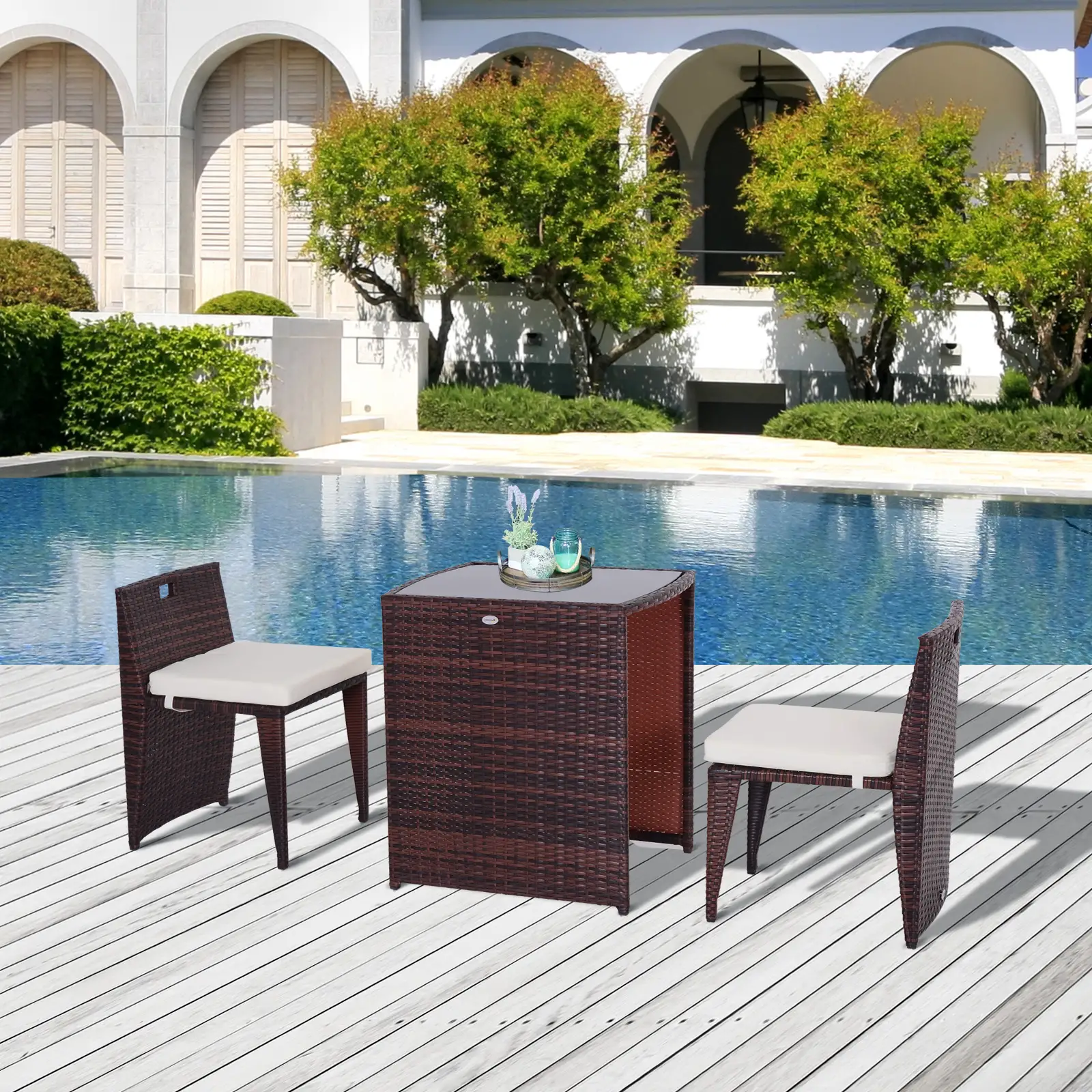 3-Piece Wicker Patio Dining Set, Removable Cushions, Glass Table, Cream White - Image 8