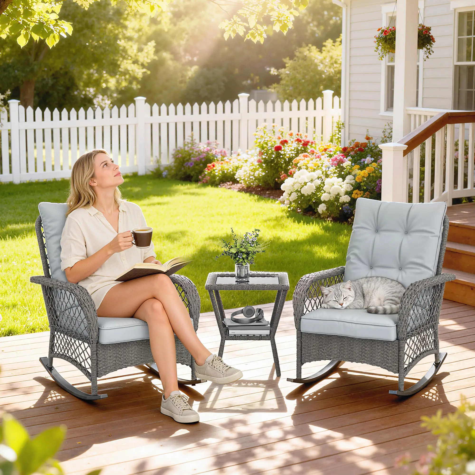 3 Piece Wicker Patio Furniture, Rocking Bistro Set, High Back Rocking Chairs, 2-Tier Glass Table, Light Grey - Image 10