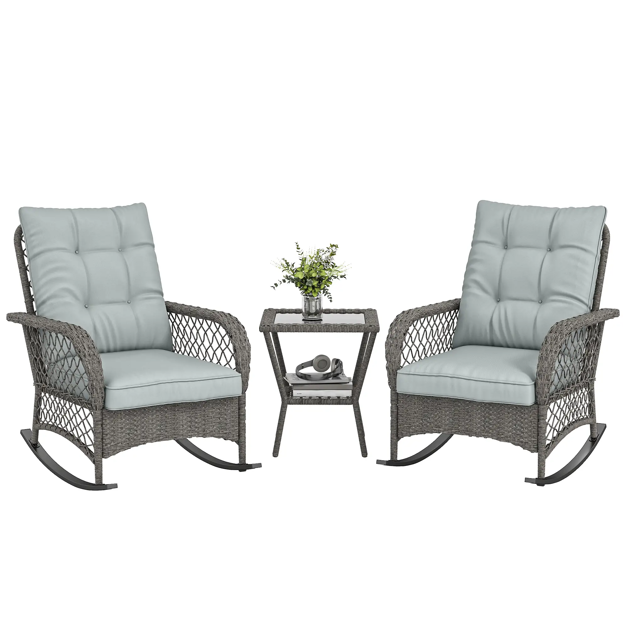 3 Piece Wicker Patio Furniture, Rocking Bistro Set, High Back Rocking Chairs, 2-Tier Glass Table, Light Grey - Image 11