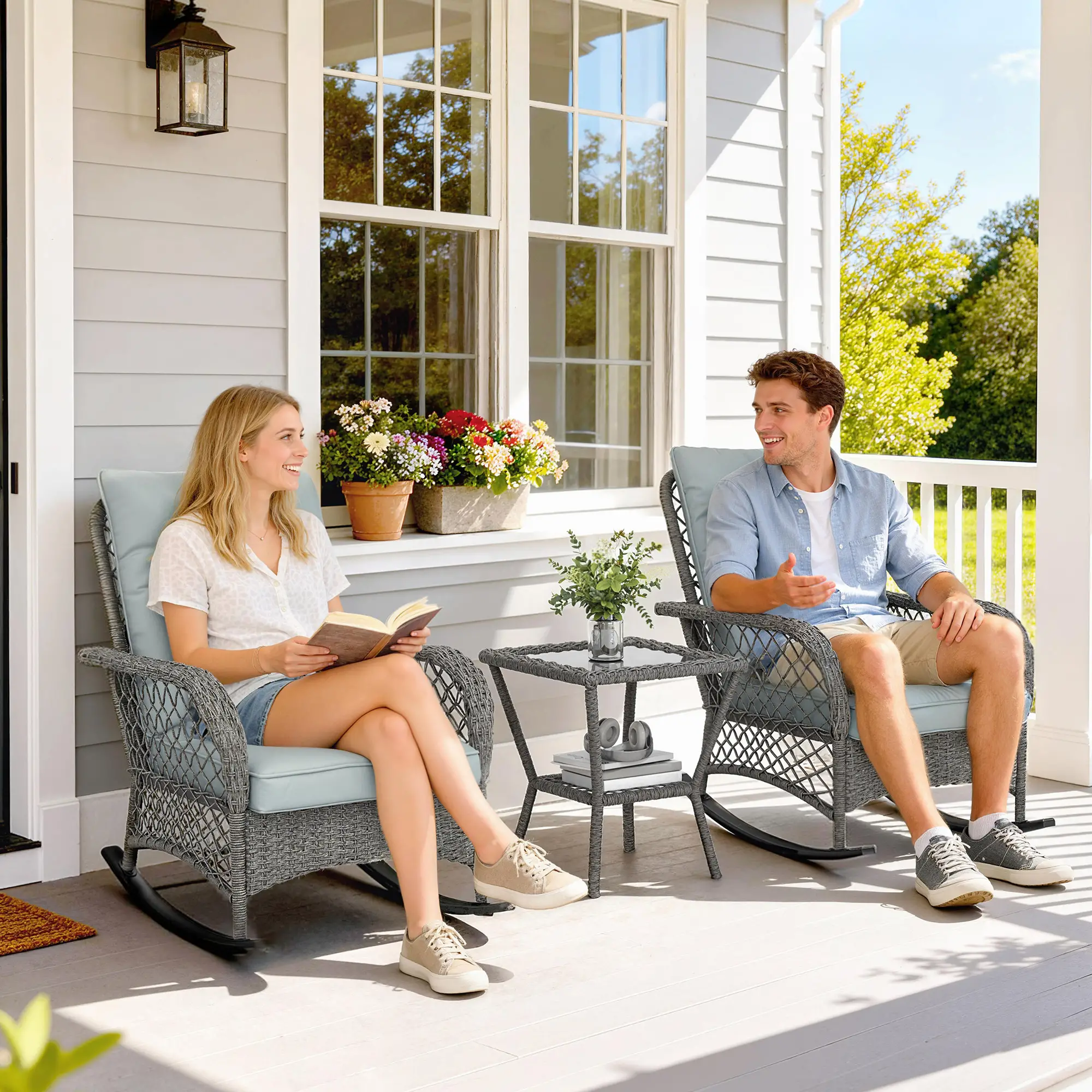 3 Piece Wicker Patio Furniture, Rocking Bistro Set, High Back Rocking Chairs, 2-Tier Glass Table, Light Grey - Image 2