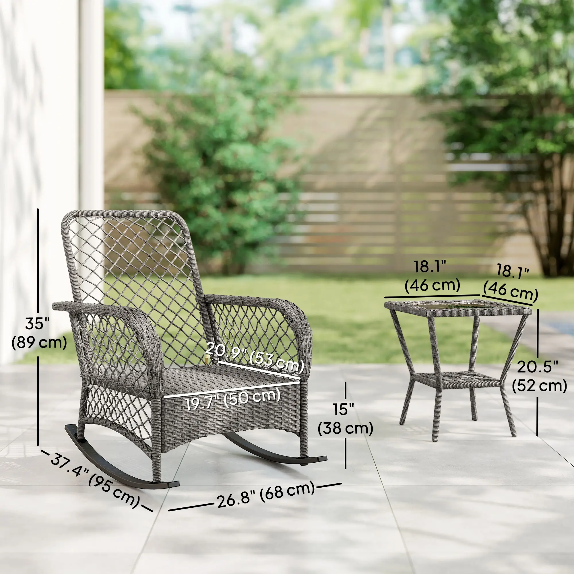 3 Piece Wicker Patio Furniture, Rocking Bistro Set, High Back Rocking Chairs, 2-Tier Glass Table, Light Grey - Image 3