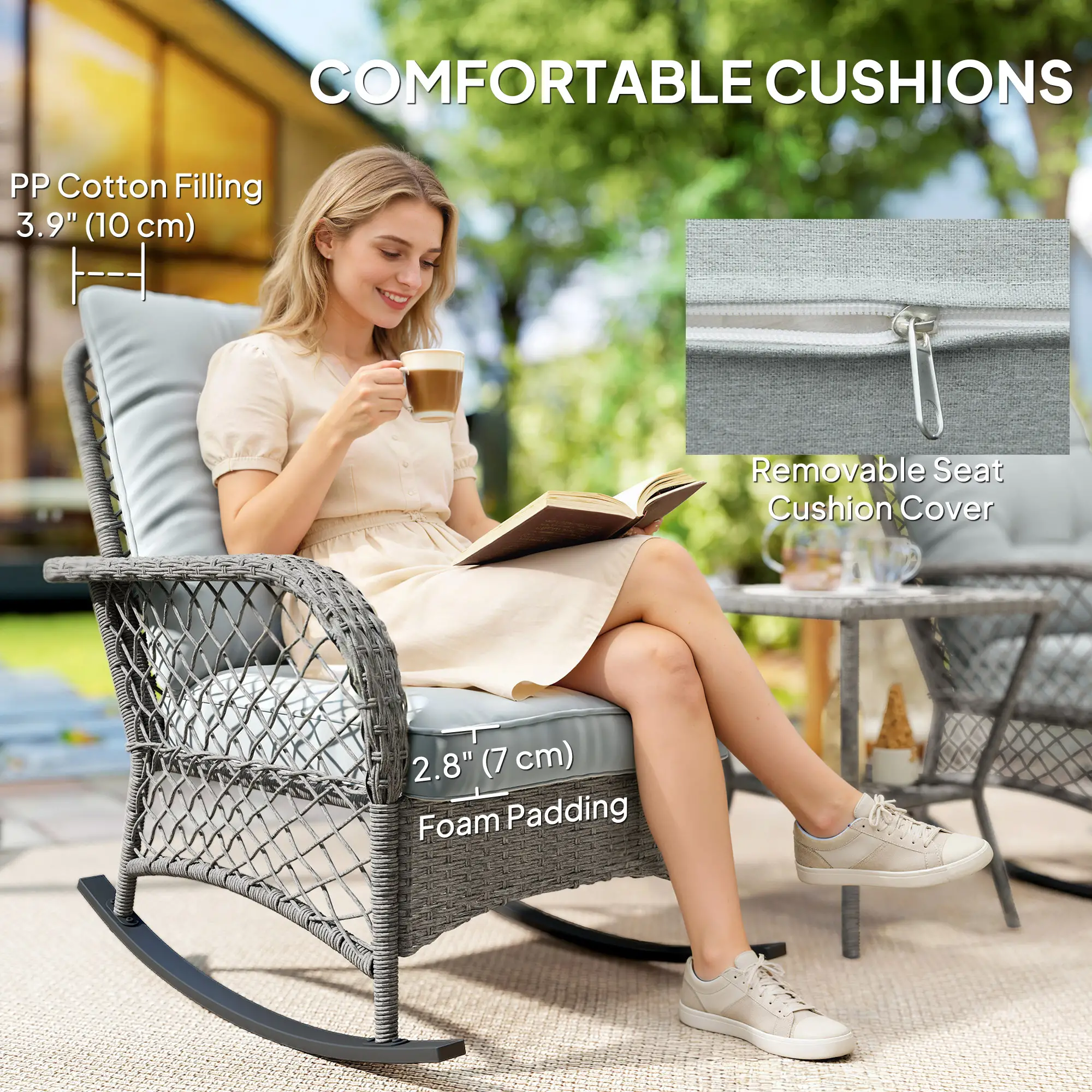 3 Piece Wicker Patio Furniture, Rocking Bistro Set, High Back Rocking Chairs, 2-Tier Glass Table, Light Grey - Image 6