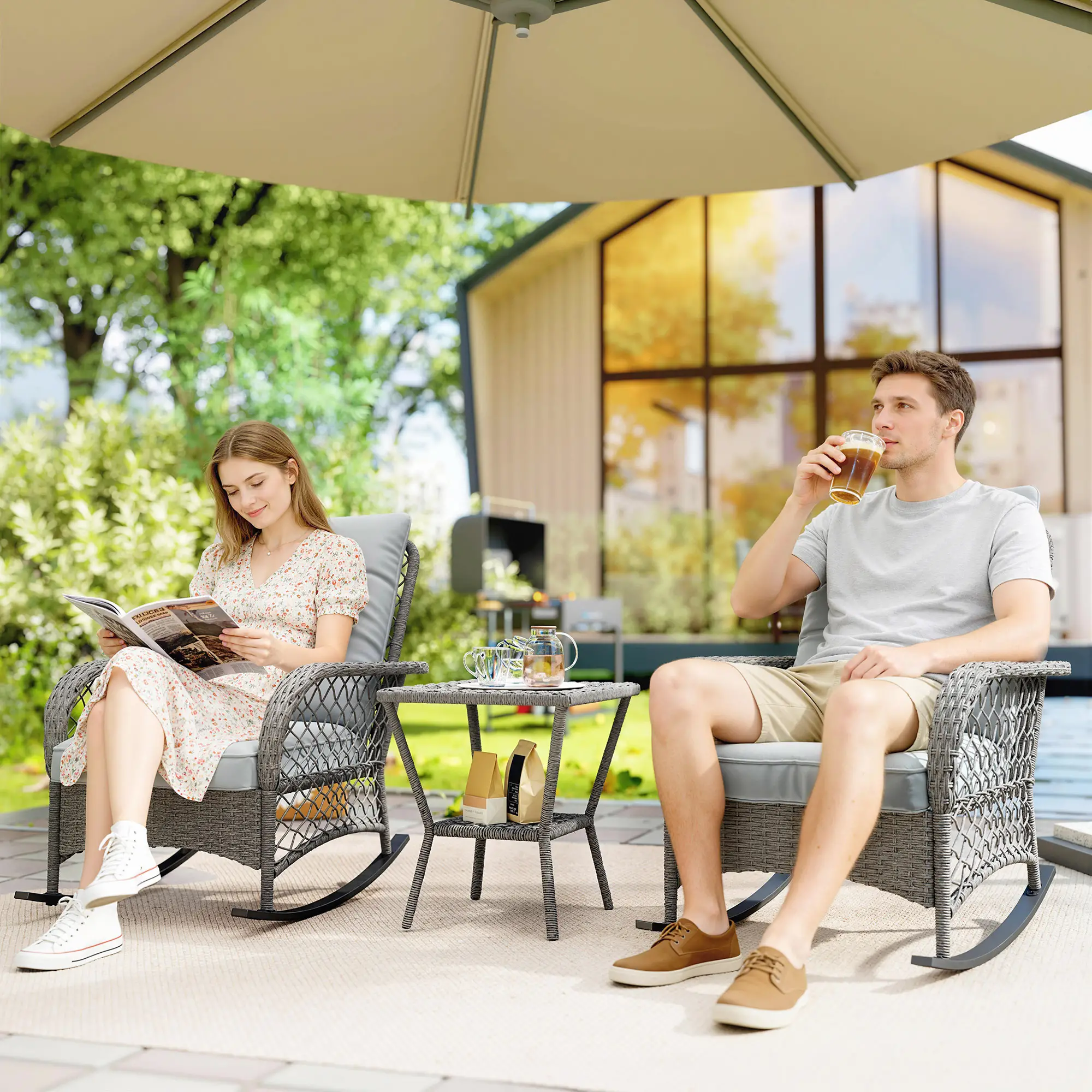 3 Piece Wicker Patio Furniture, Rocking Bistro Set, High Back Rocking Chairs, 2-Tier Glass Table, Light Grey - Image 8