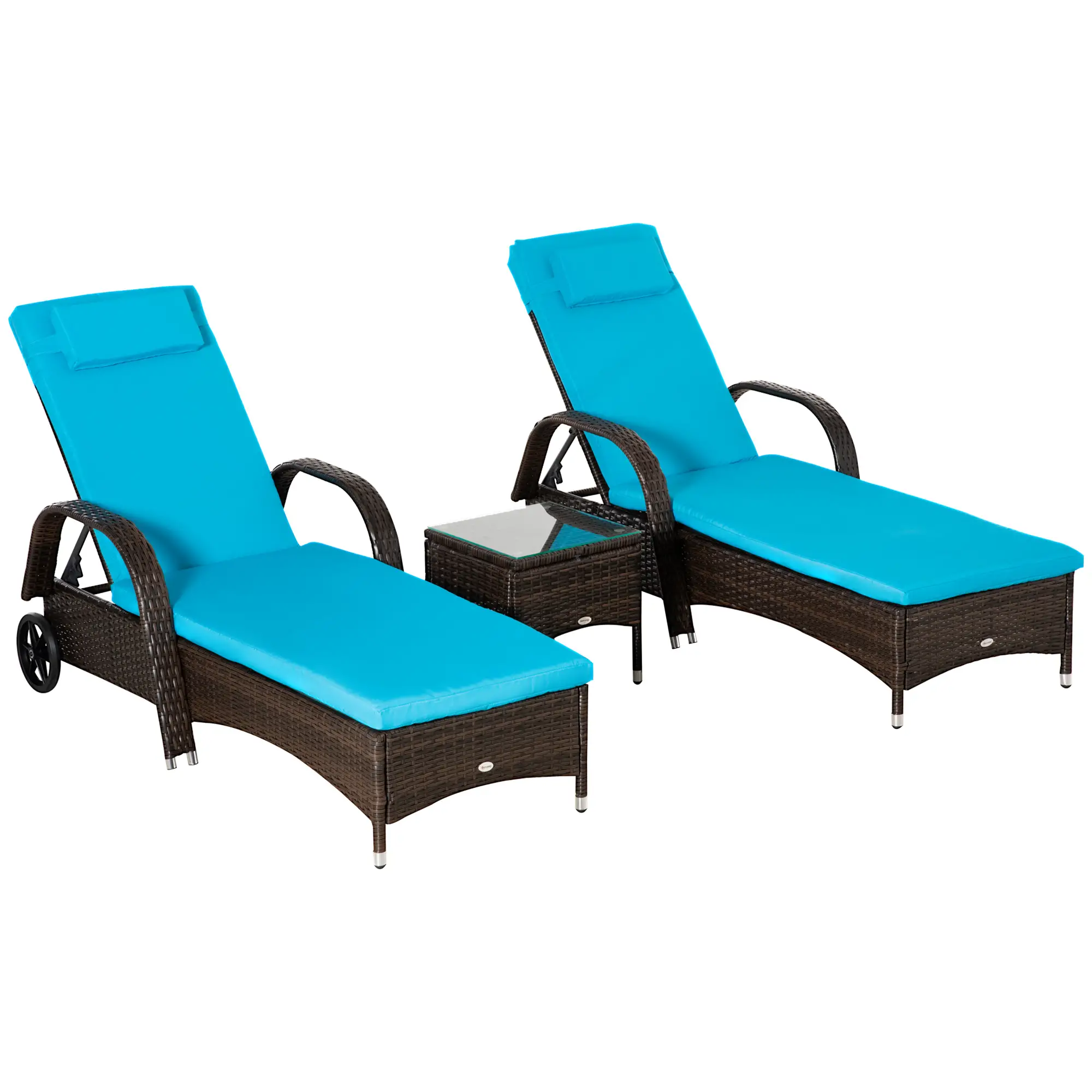 3-Piece Wicker Patio Lounger Set with Table, PE Rattan, Brown/Blue