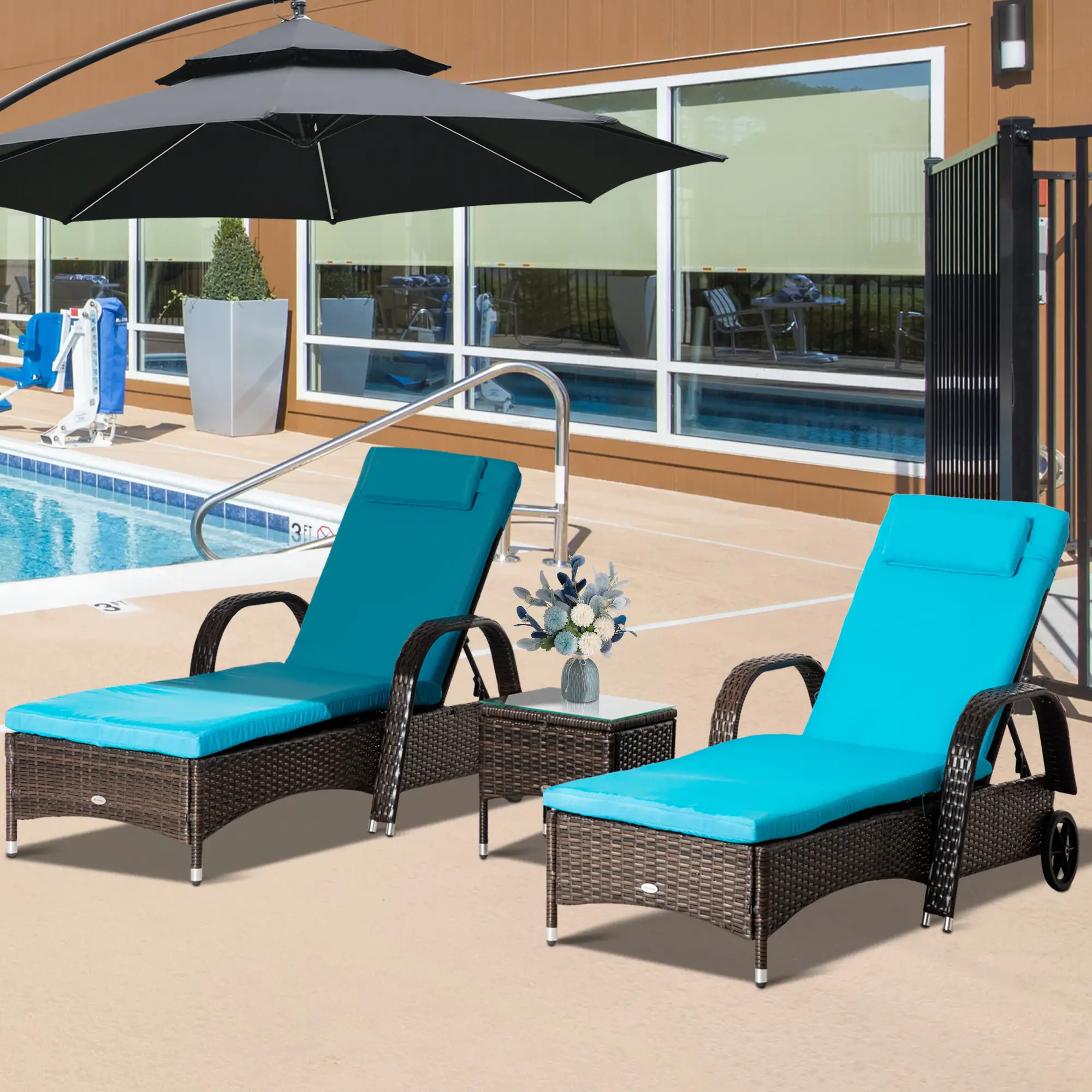 3-Piece Wicker Patio Lounger Set with Table, PE Rattan, Brown/Blue - Image 2