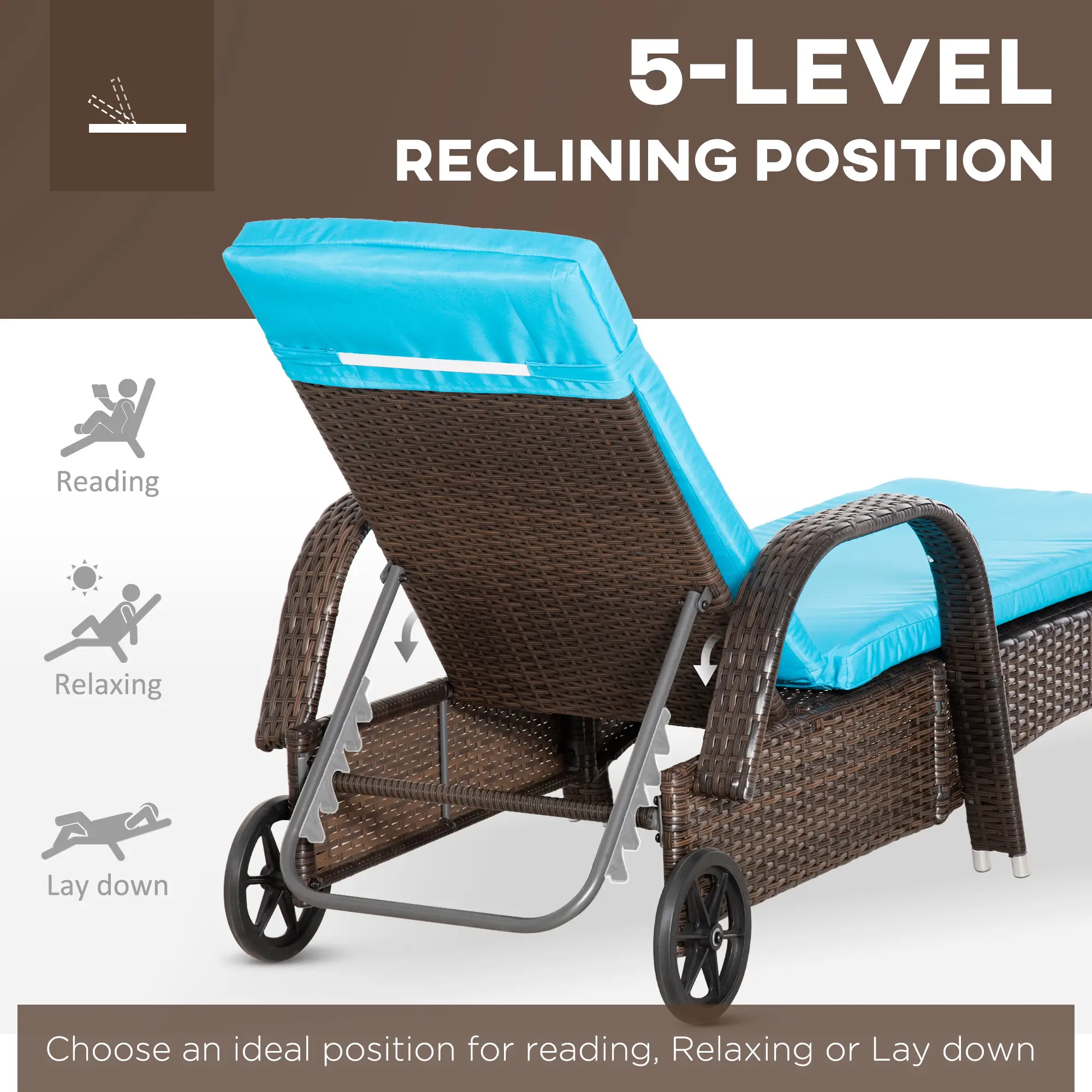 3-Piece Wicker Patio Lounger Set with Table, PE Rattan, Brown/Blue - Image 5