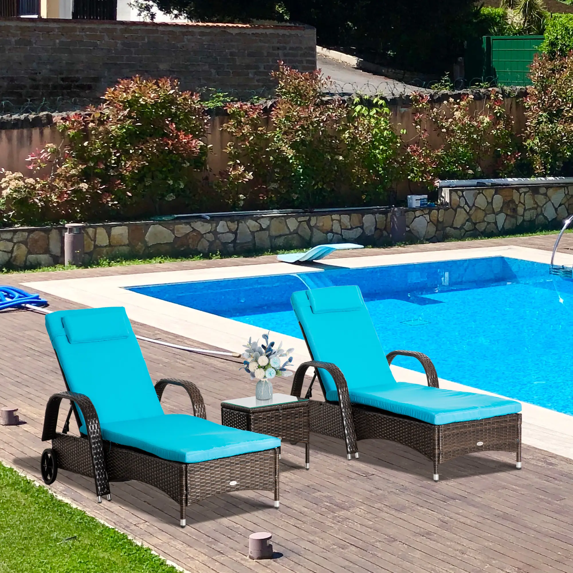 3-Piece Wicker Patio Lounger Set with Table, PE Rattan, Brown/Blue - Image 8