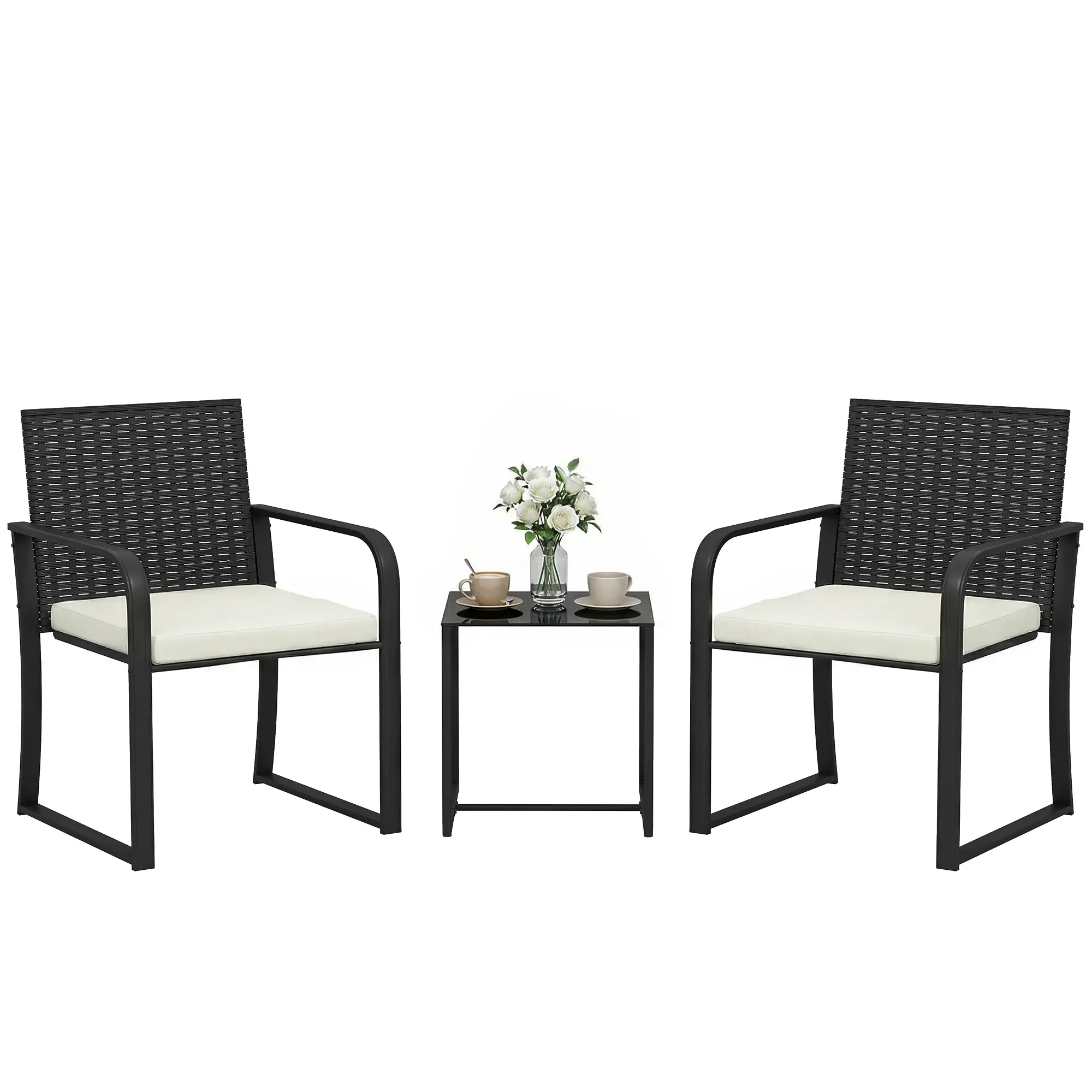 3 Piece Wicker Patio Set, Glass Table, Mesh Seat, Cream White - Image 11