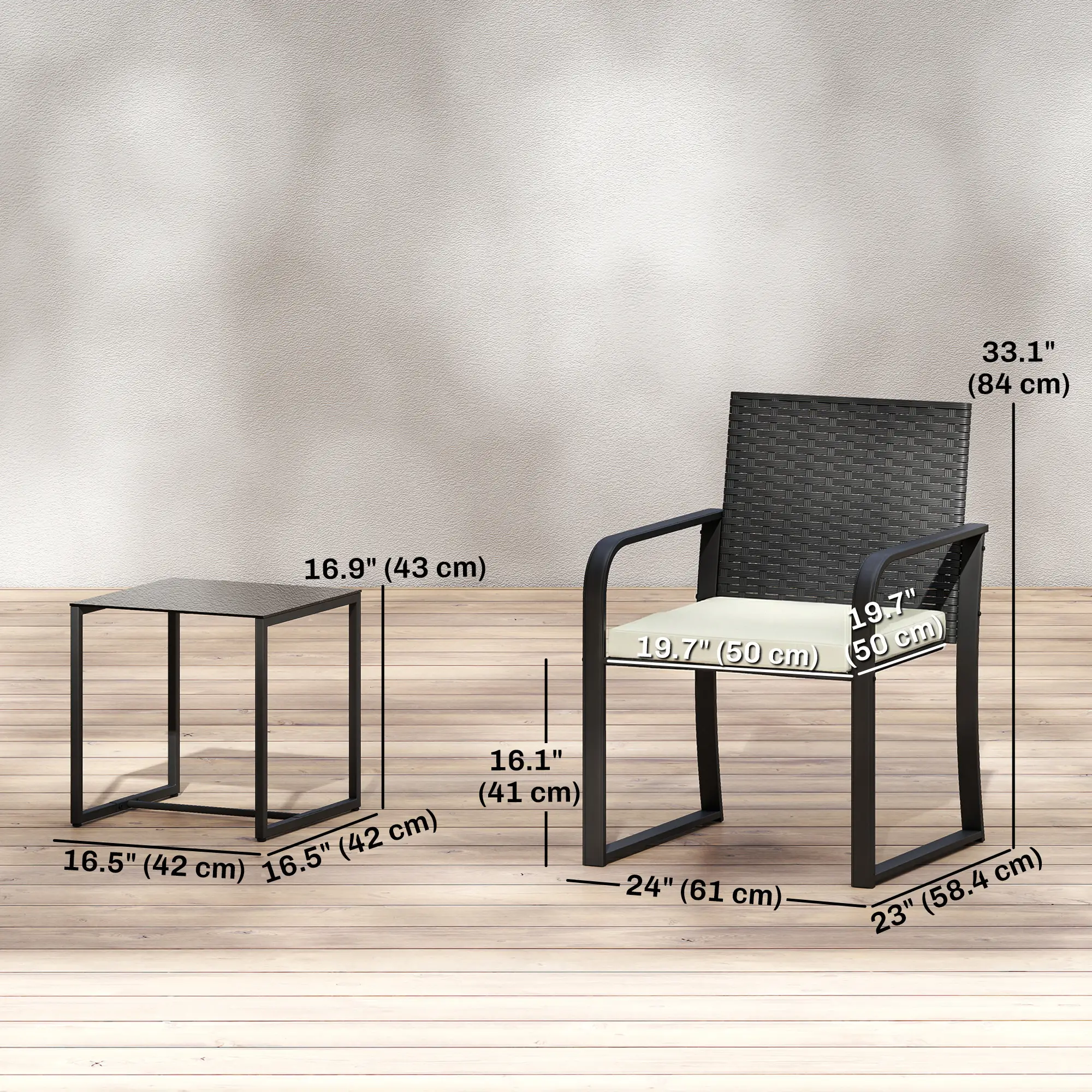 3 Piece Wicker Patio Set, Glass Table, Mesh Seat, Cream White - Image 3