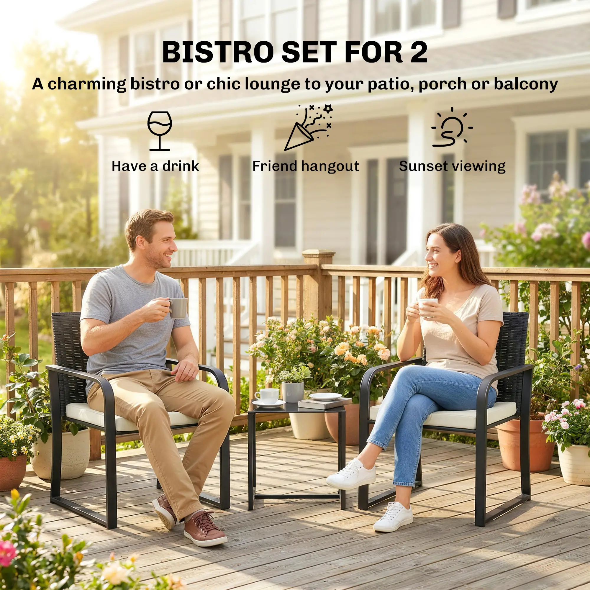 3 Piece Wicker Patio Set, Glass Table, Mesh Seat, Cream White - Image 4